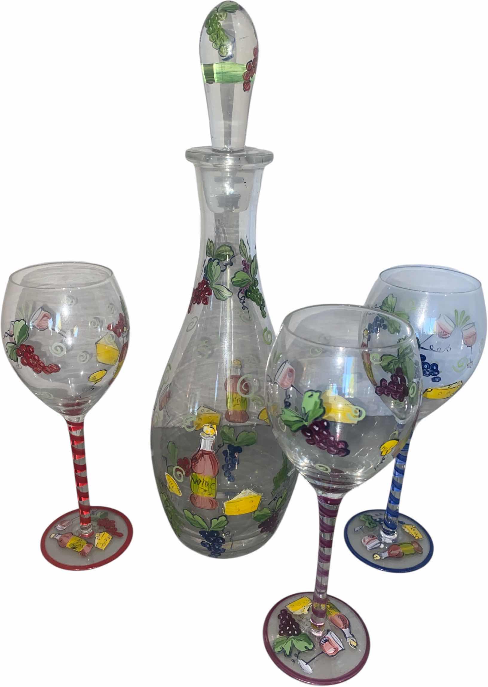 Photo 1 of HANDPRINTS GLASS DECANTER WITH 3 WINE GLASSES