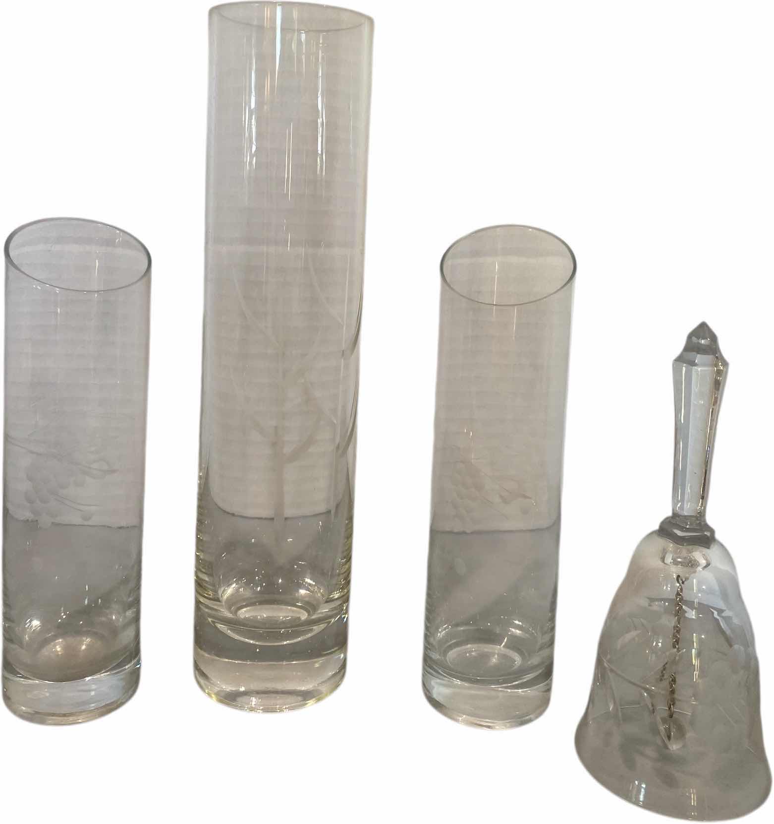 Photo 1 of ETCHED GLASS BELL & 3 BUD VASES H10”
