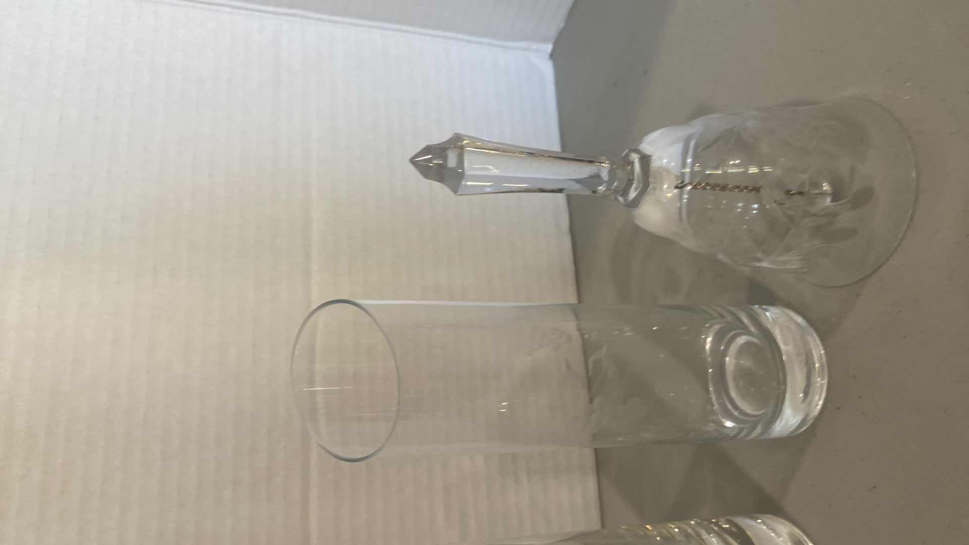 Photo 1 of ETCHED GLASS BELL & 3 BUD VASES H10”
