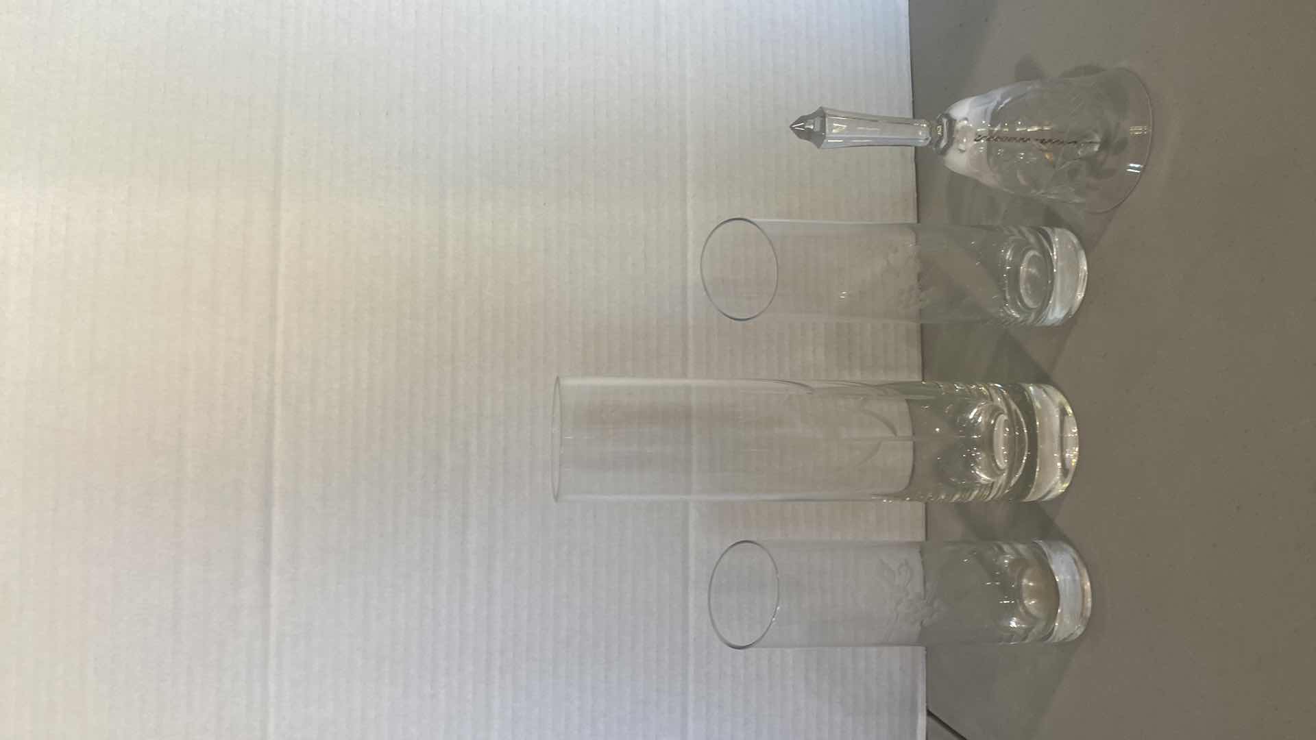 Photo 1 of ETCHED GLASS BELL & 3 BUD VASES H10”