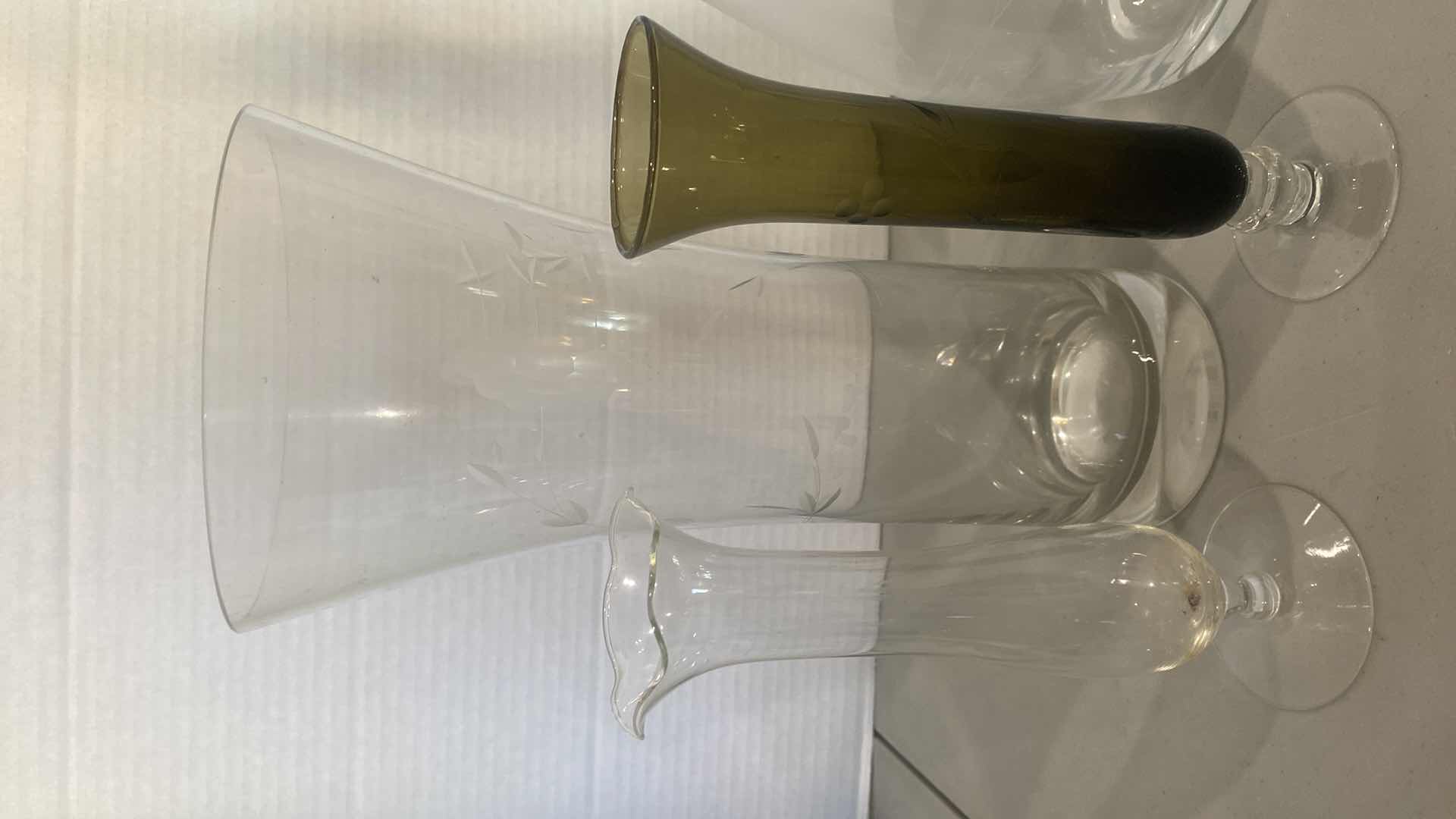 Photo 1 of ETCHED GLASS DECANTER & 3 VASES H14”