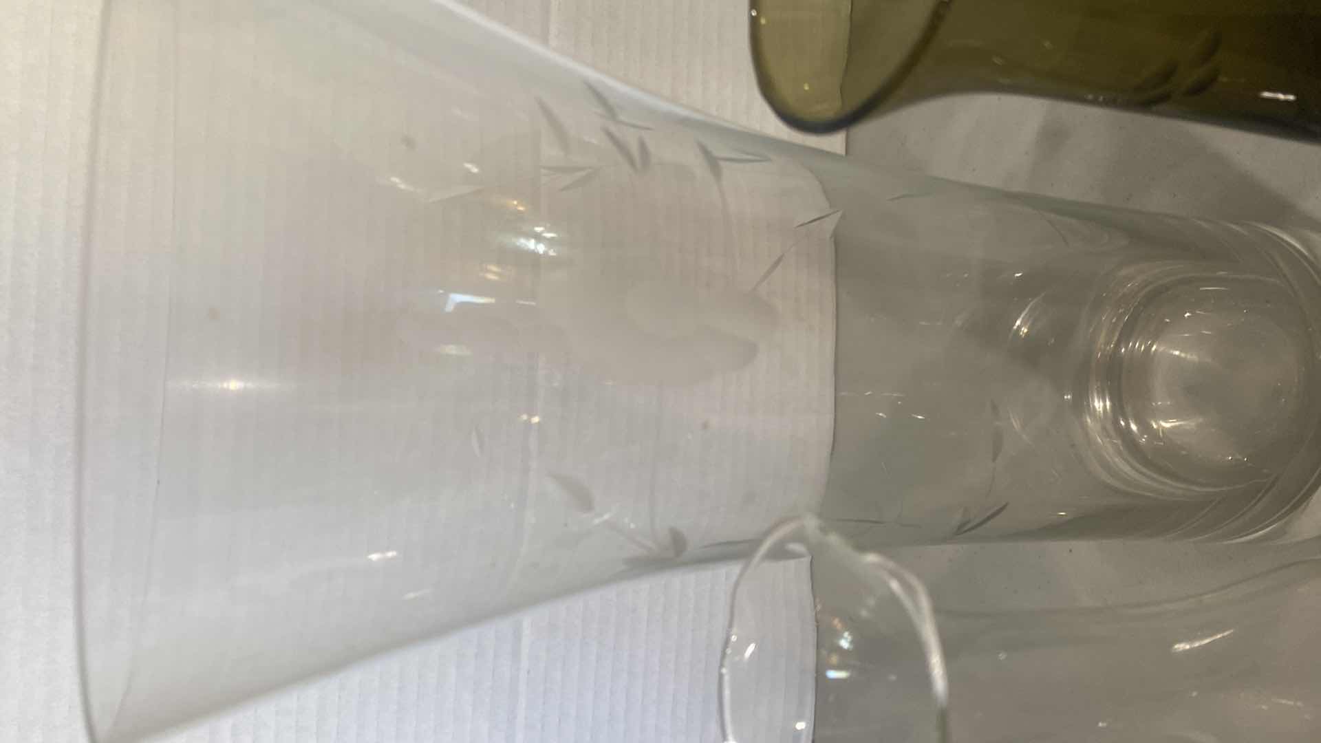 Photo 1 of ETCHED GLASS DECANTER & 3 VASES H14”