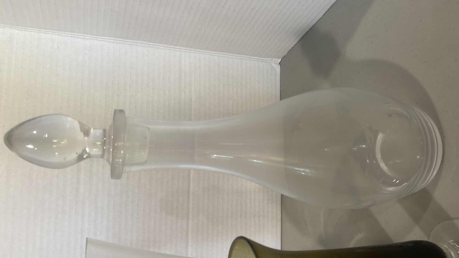 Photo 1 of ETCHED GLASS DECANTER & 3 VASES H14”