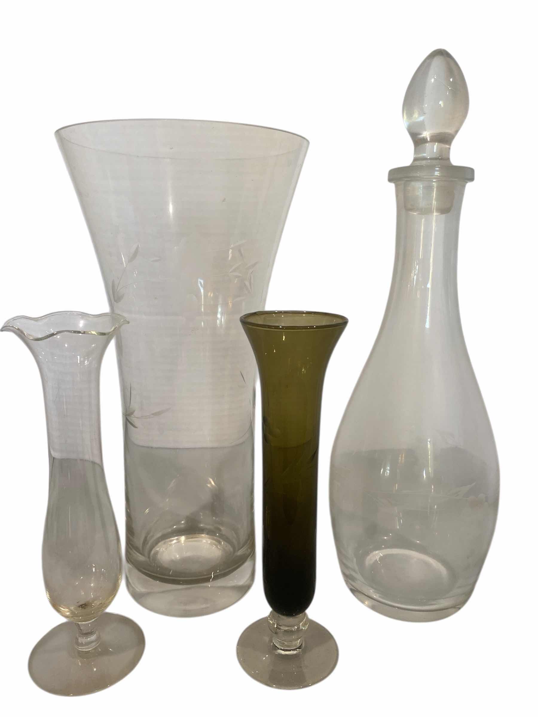 Photo 1 of ETCHED GLASS DECANTER & 3 VASES H14”
