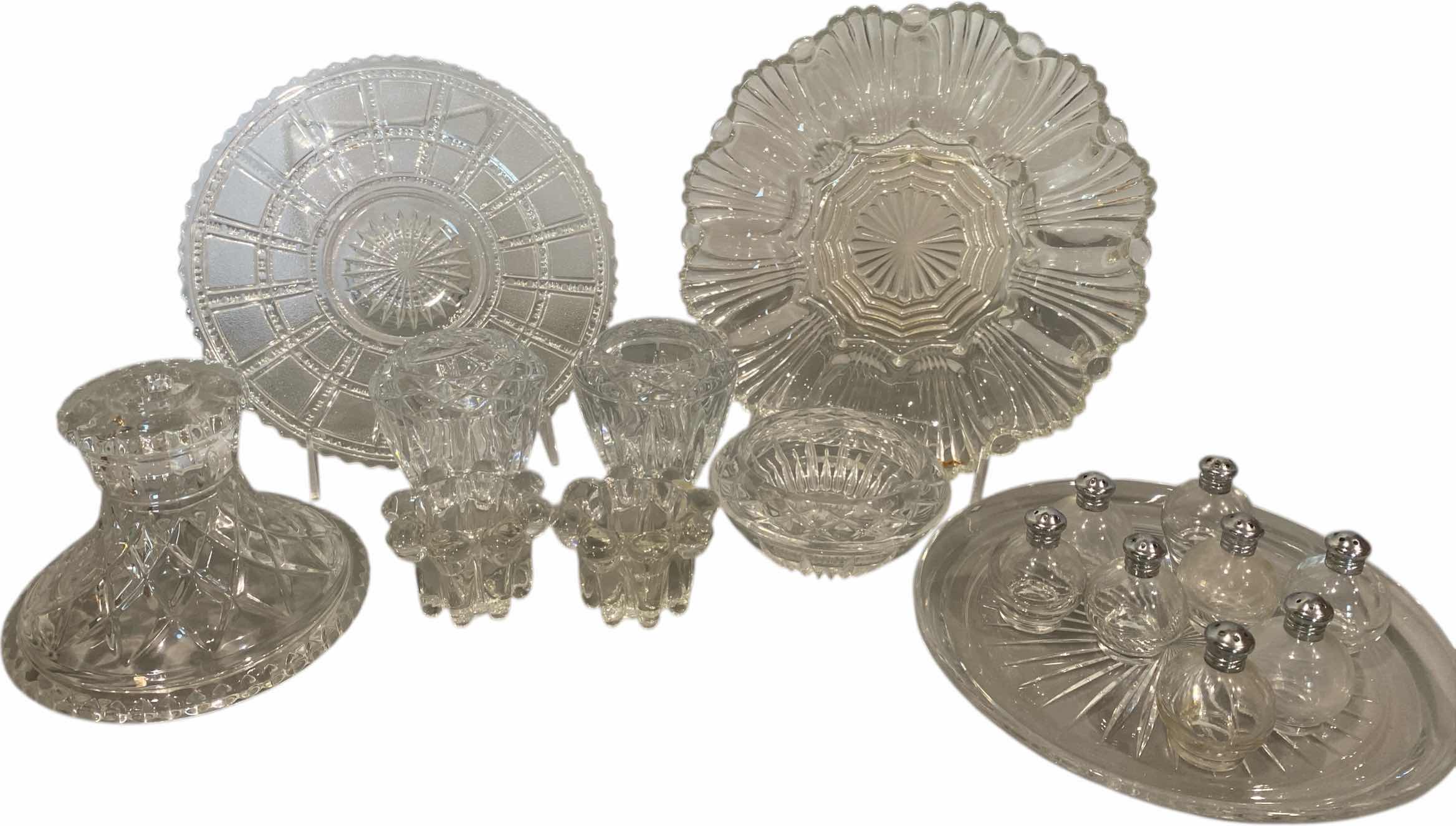 Photo 1 of 17 GLASS & CRYSTAL SMALL SERVE PLATES CANDLESTICKS & SALT & PEPPER