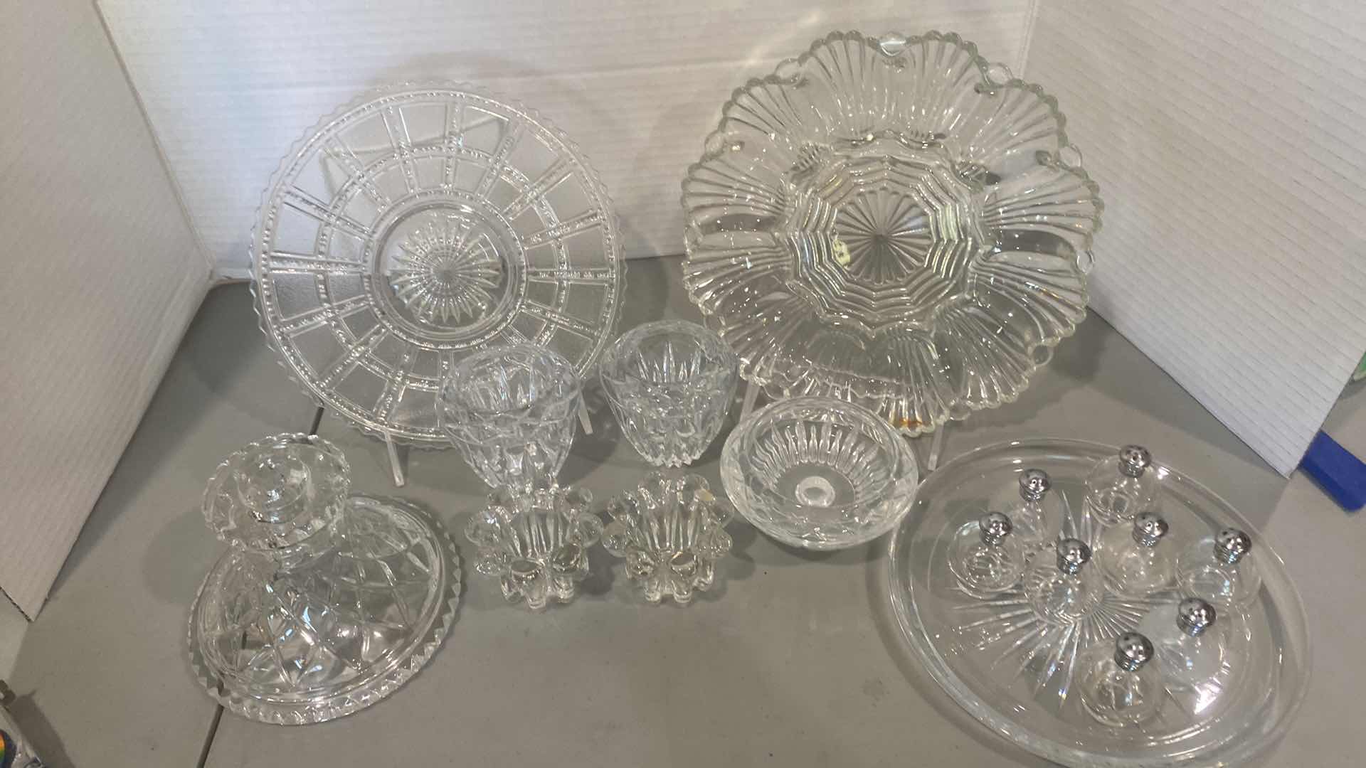 Photo 1 of 17 GLASS & CRYSTAL SMALL SERVE PLATES CANDLESTICKS & SALT & PEPPER