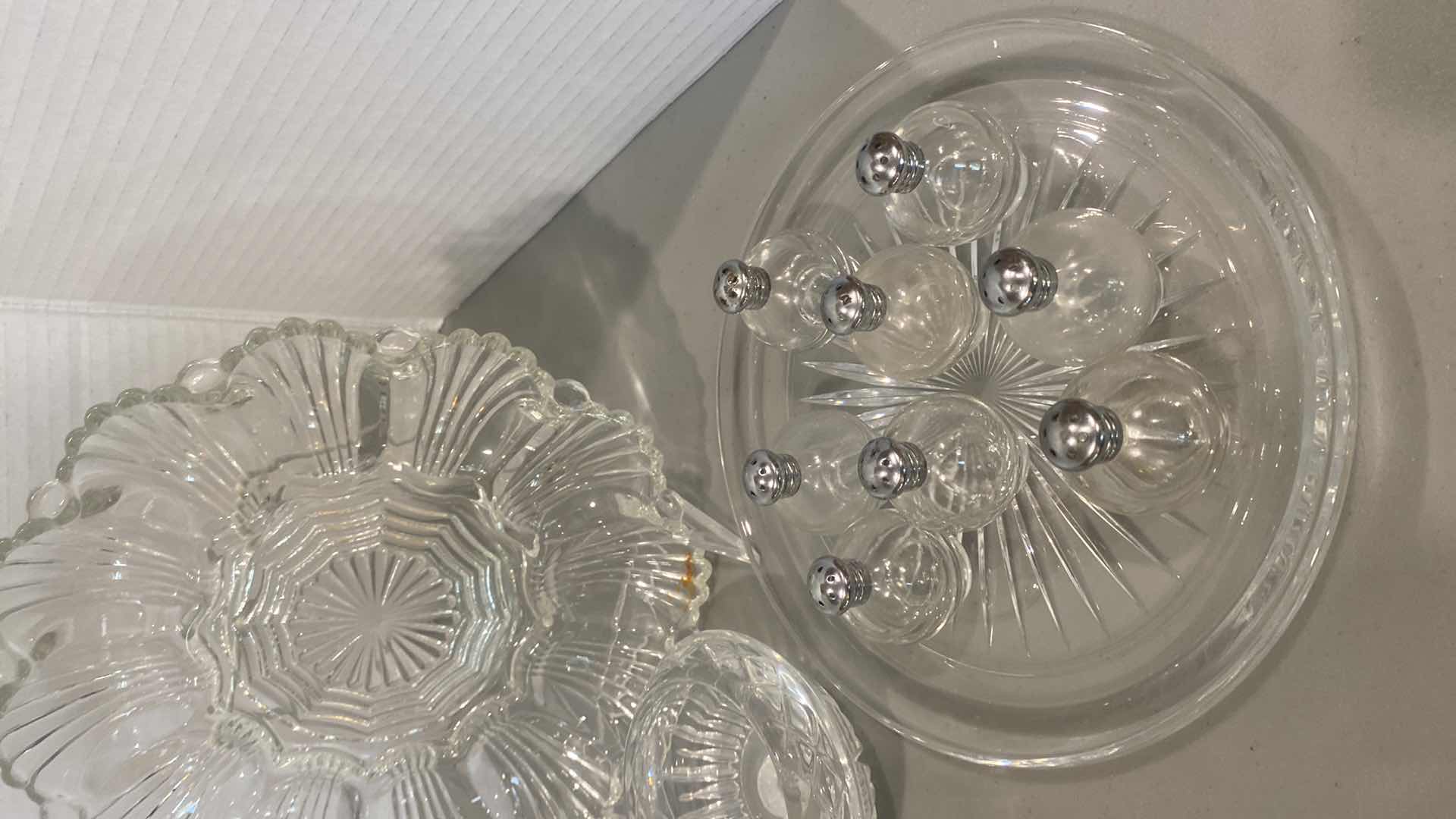Photo 1 of 17 GLASS & CRYSTAL SMALL SERVE PLATES CANDLESTICKS & SALT & PEPPER