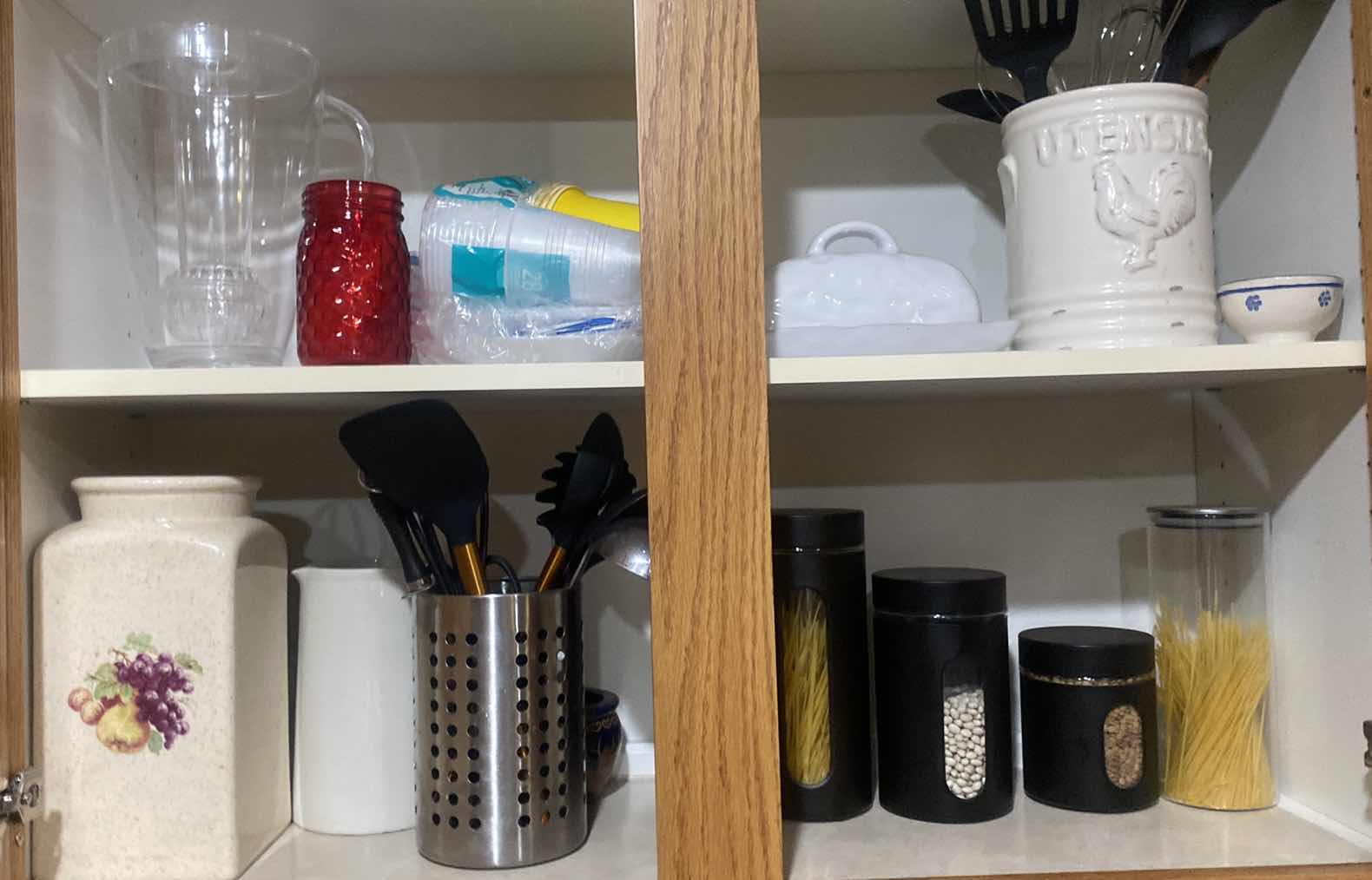 Photo 1 of CONTENTS OF CABINET - CANISTERS & COOKING TOOLS