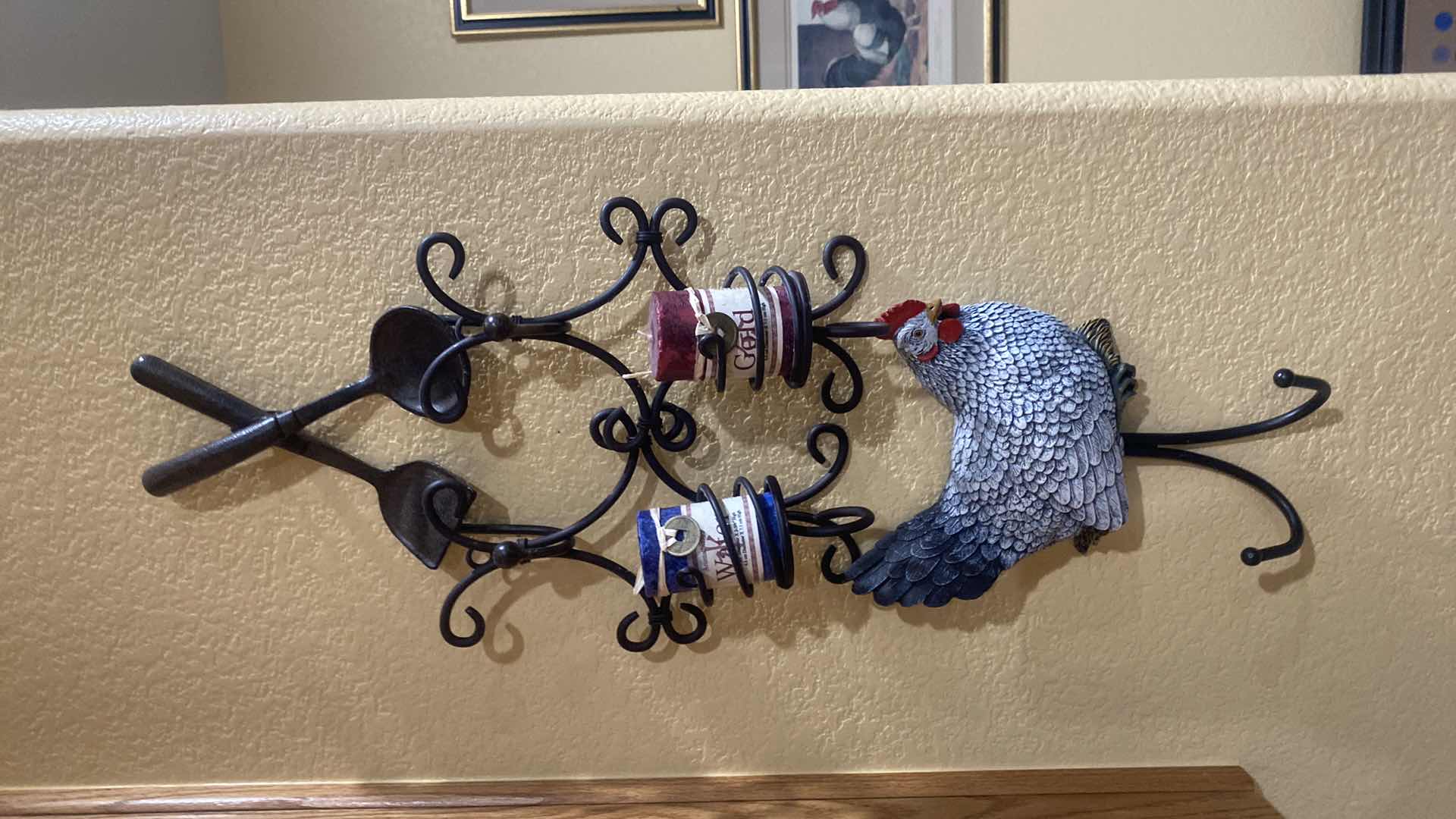 View 2 of 3 FRAMED CHICKEN PRINTS ARTWORK 14” x 15 1/2” & HANGING CHICKEN WITH HOOKS