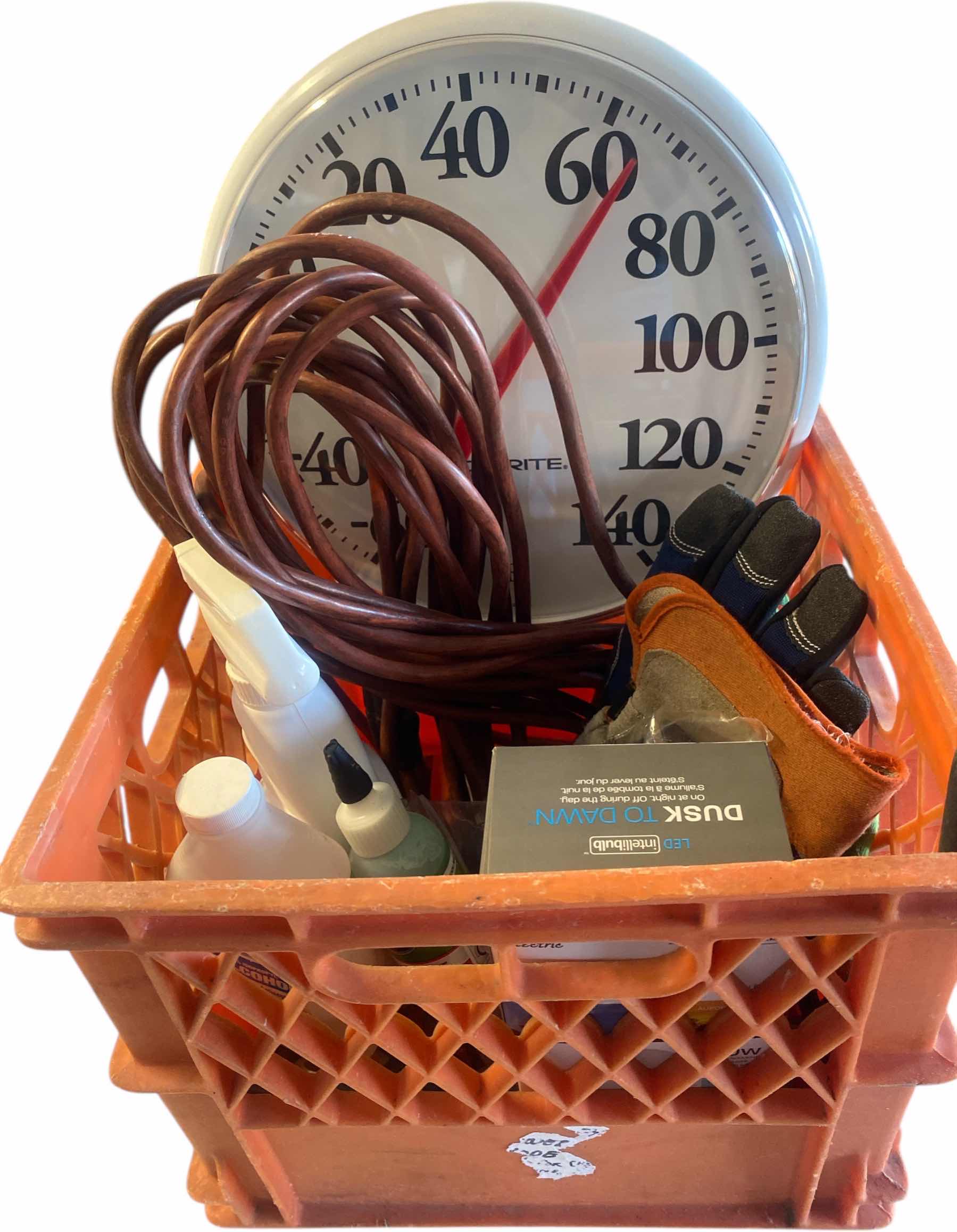 Photo 1 of CRATE WITH EXTENSION CORD, GARDENING & DUSK TO DAWN LIGHT BULB