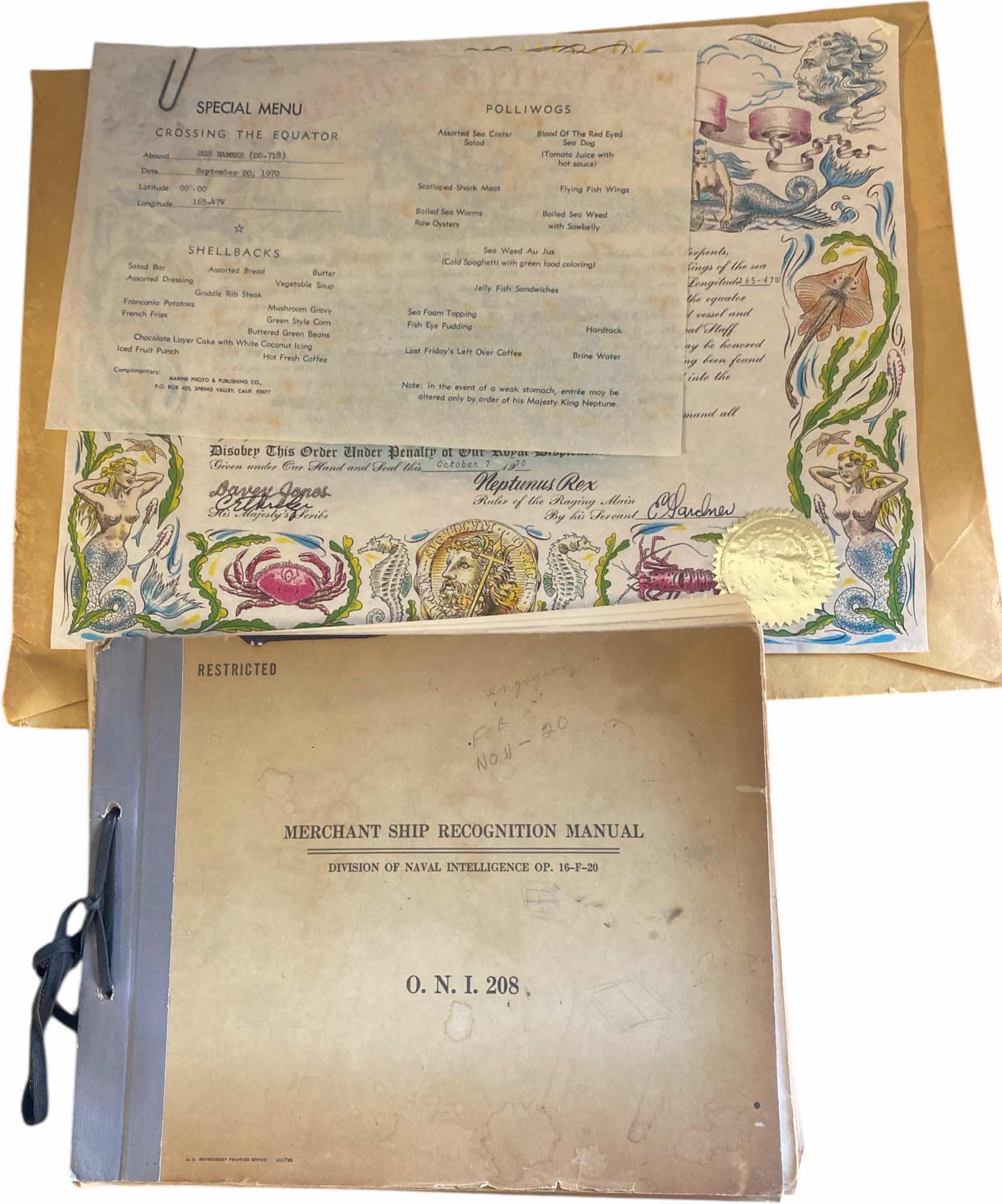 Photo 1 of MERCHANT SHIP RECOGNITION MANUAL & MENU FROM CROSSING THE EQUATOR