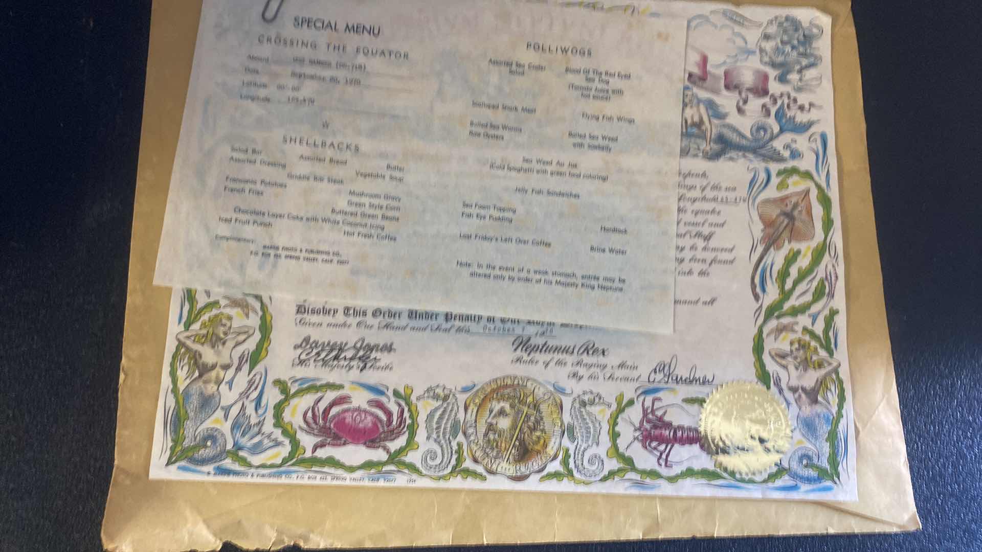 Photo 1 of MERCHANT SHIP RECOGNITION MANUAL & MENU FROM CROSSING THE EQUATOR