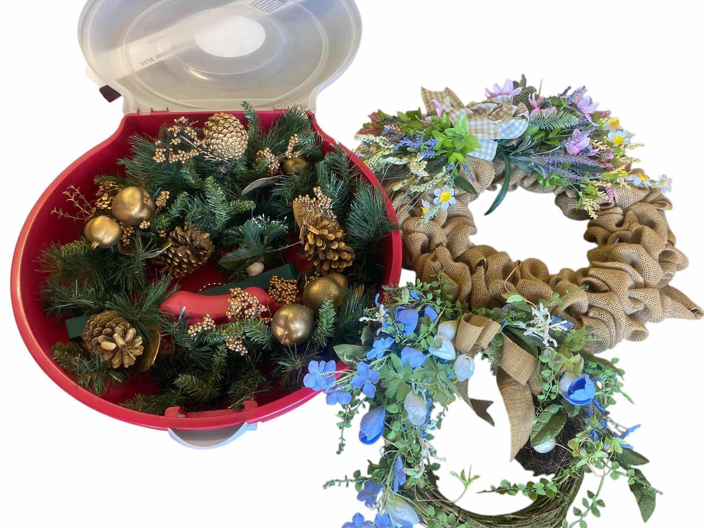 Photo 1 of HOLIDAY WREATH IN STORAGE BOX & 2 SPRING WREATHS