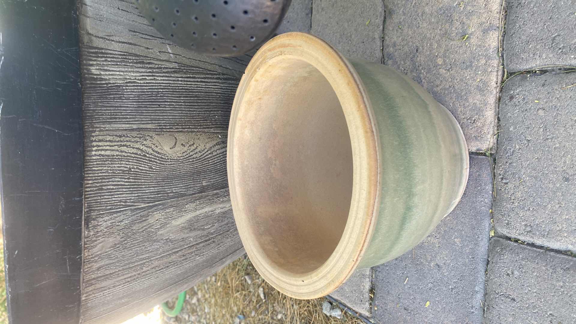 Photo 1 of CERAMICS C POT, PLASTIC BARREL POT AND WATERING CAN LARGEST 25” x 15”