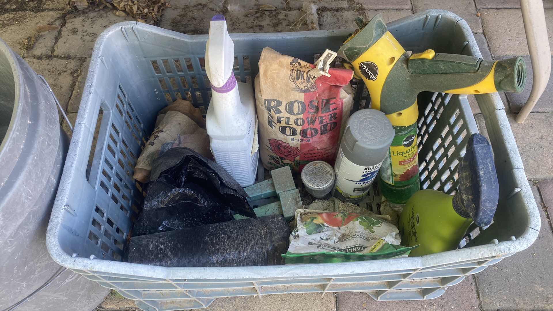 Photo 1 of CONCRETE UMBRELLA STAND, BUCKET & TOTE WITH GARDENING PRODUCTS
