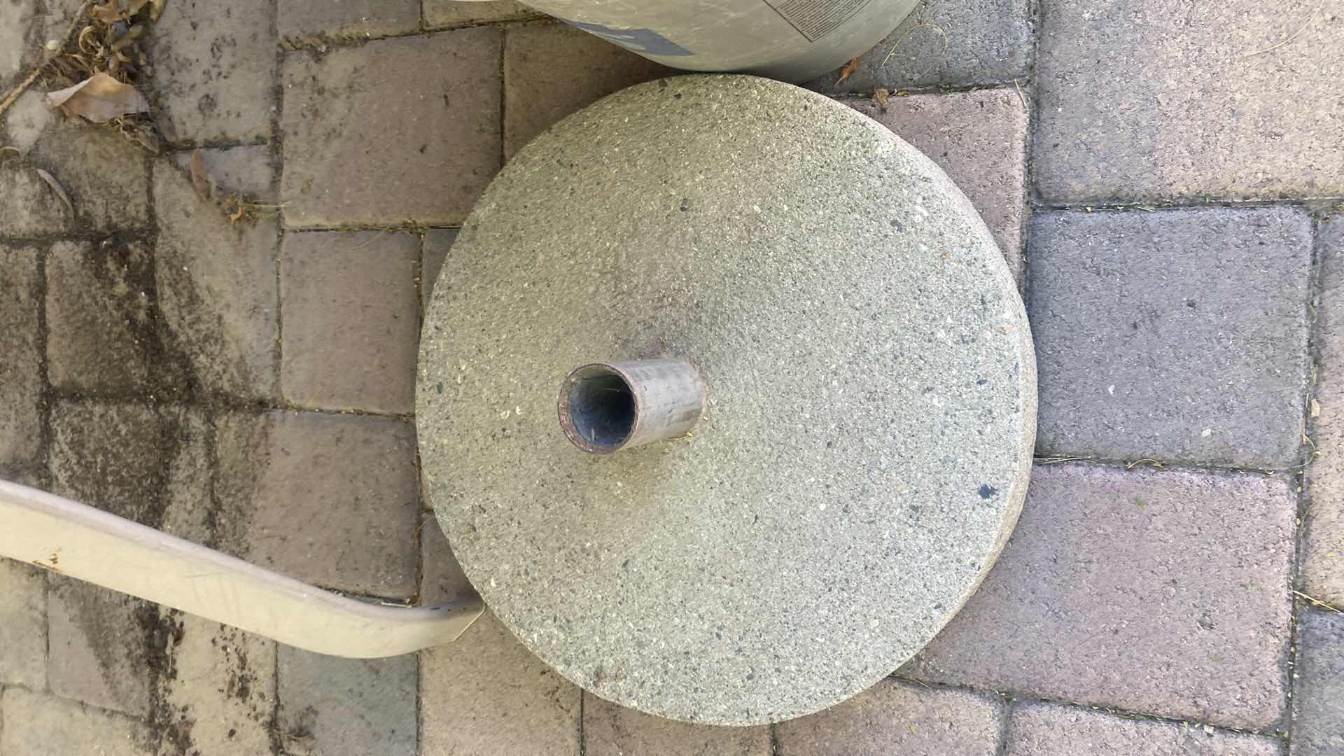 Photo 1 of CONCRETE UMBRELLA STAND, BUCKET & TOTE WITH GARDENING PRODUCTS