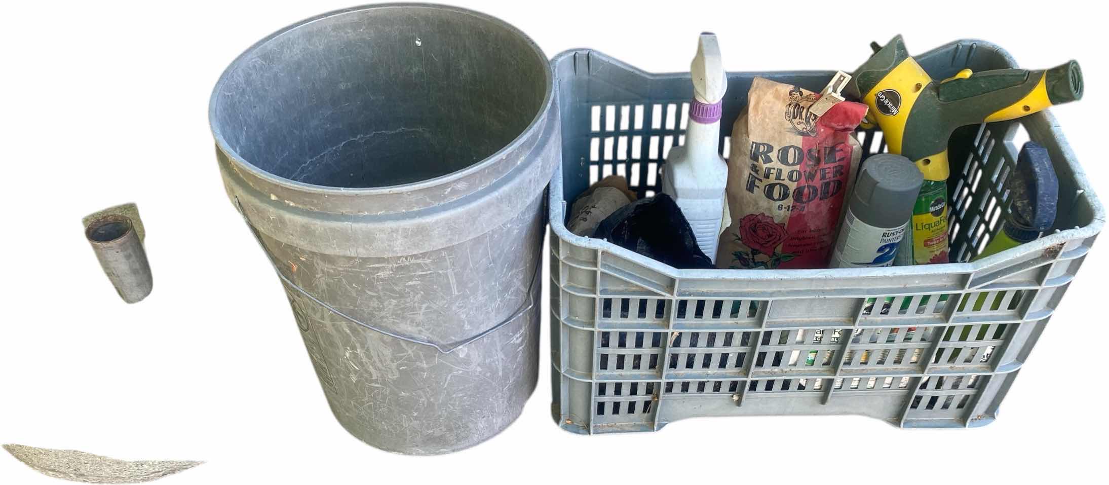 Photo 1 of CONCRETE UMBRELLA STAND, BUCKET & TOTE WITH GARDENING PRODUCTS