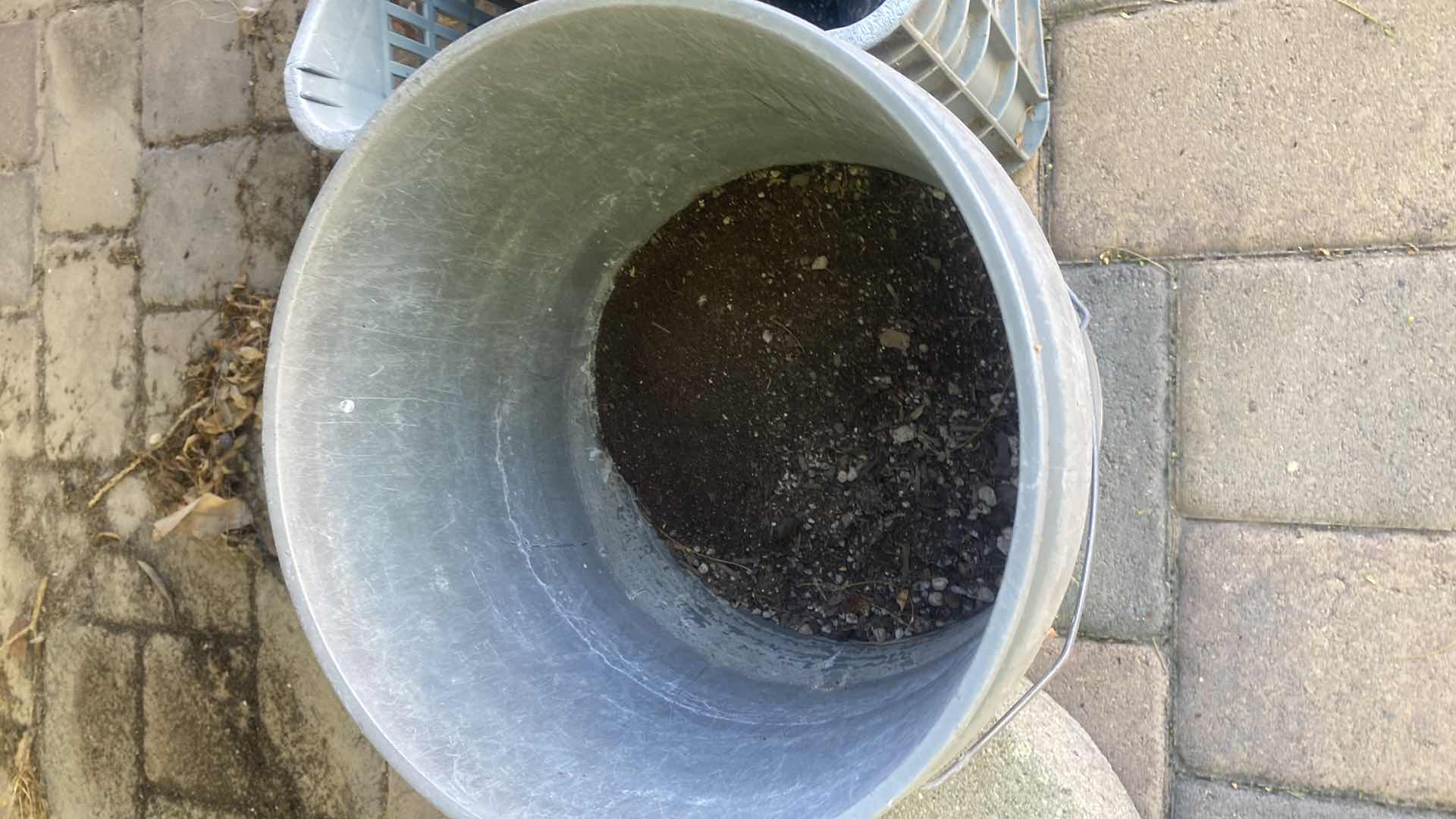 Photo 1 of CONCRETE UMBRELLA STAND, BUCKET & TOTE WITH GARDENING PRODUCTS