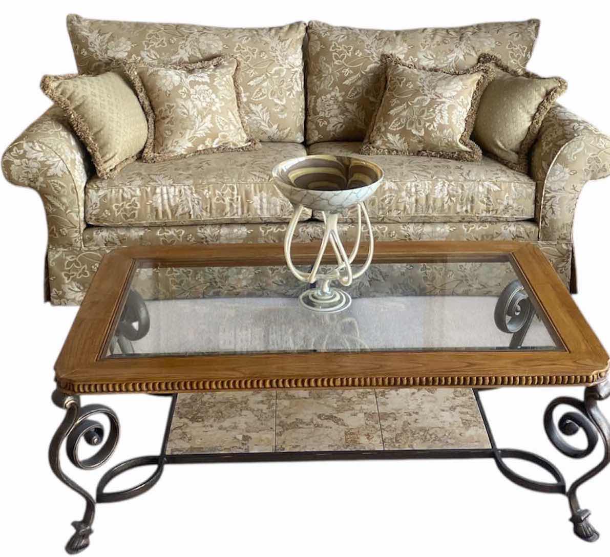 Photo 1 of 88” BROYHILL STUDIO GOLD FABRIC ROLLED ARMS SOFA (sofa, and toss pillows only, other items sold separately)(loveseat also available)