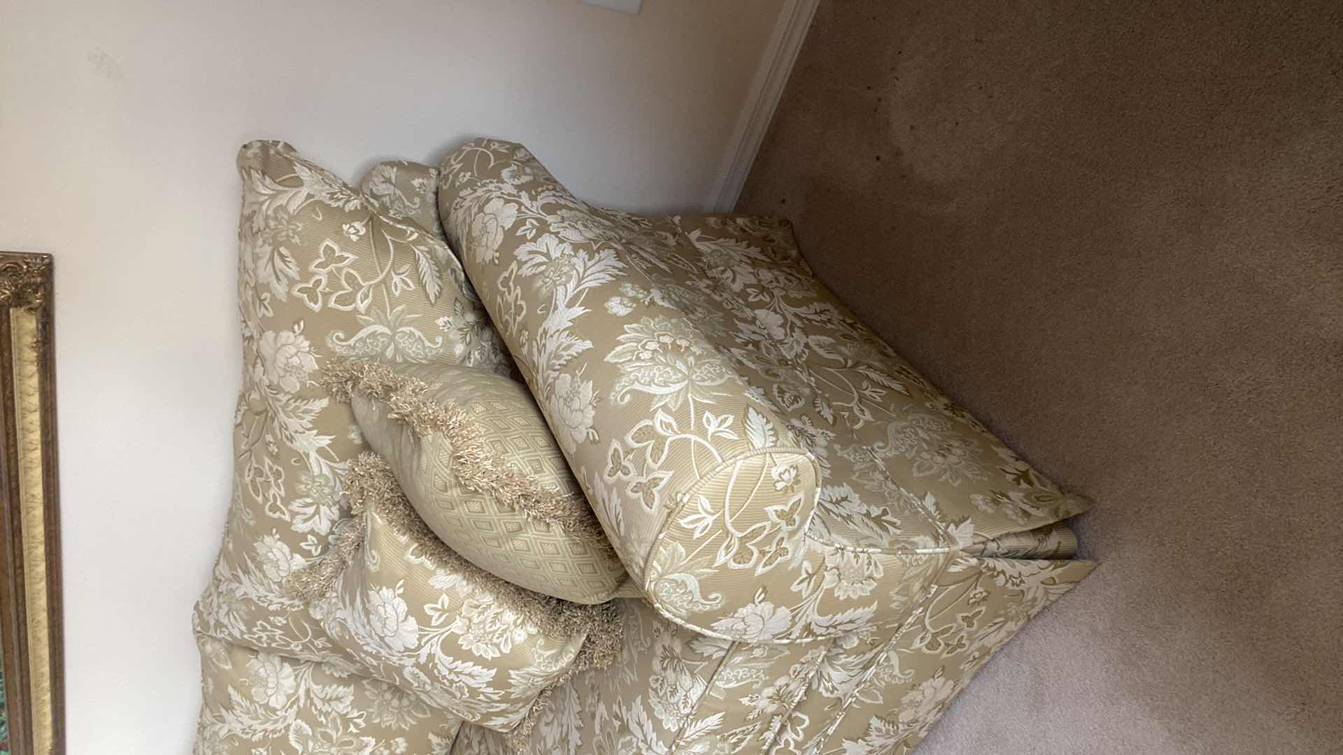 Photo 1 of 88” BROYHILL STUDIO GOLD FABRIC ROLLED ARMS SOFA (sofa, and toss pillows only, other items sold separately)(loveseat also available)