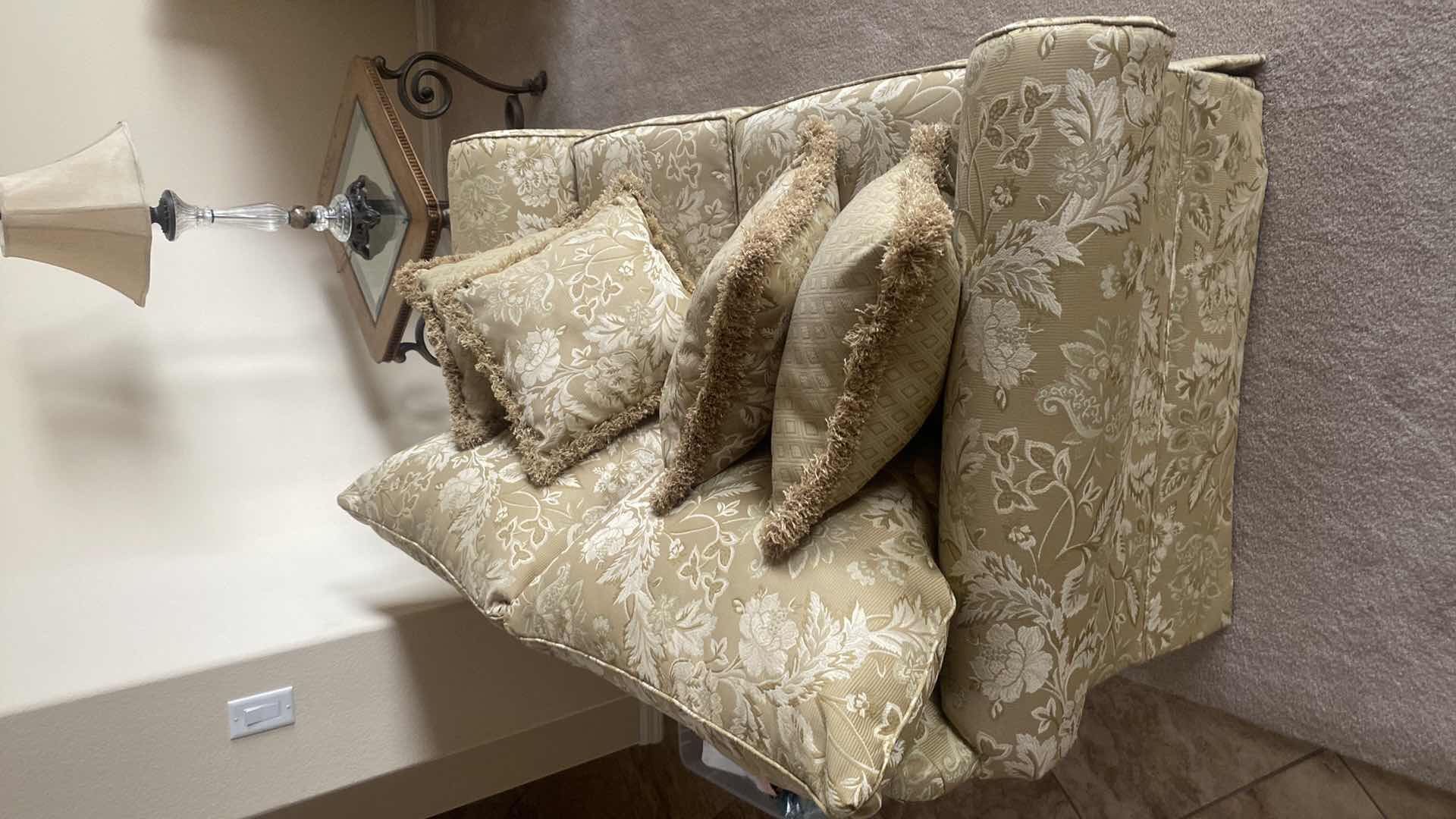 Photo 1 of 65” BROYHILL STUDIO GOLD FABRIC ROLLED ARMS LOVESEAT (liveseat and toss pillows only, other items sold separately)(sofa also available)