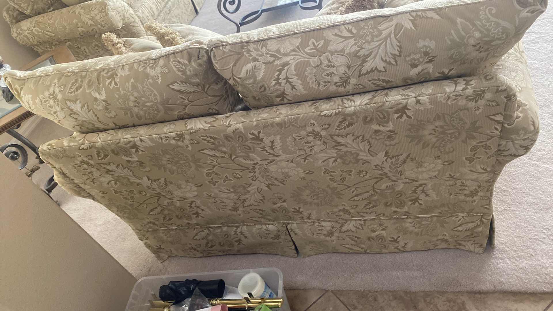 Photo 1 of 65” BROYHILL STUDIO GOLD FABRIC ROLLED ARMS LOVESEAT (liveseat and toss pillows only, other items sold separately)(sofa also available)