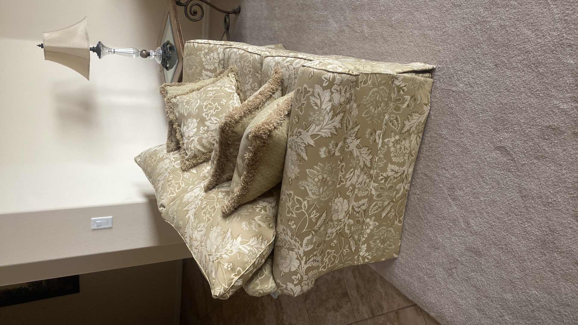 Photo 1 of 65” BROYHILL STUDIO GOLD FABRIC ROLLED ARMS LOVESEAT (liveseat and toss pillows only, other items sold separately)(sofa also available)