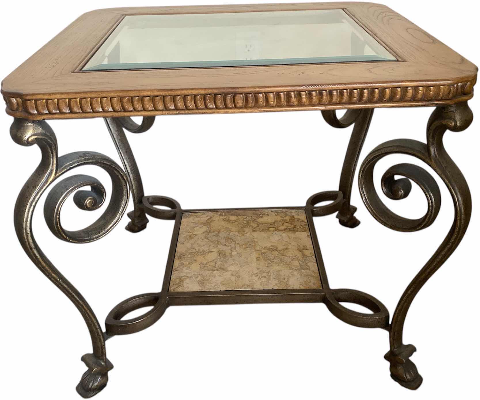 View 1 of HEAVY OAK & IRON END TABLE WITH BEVELED GLASS TOP  26“ x 24“ H22 1/2”(matching coffee table available sold separately)