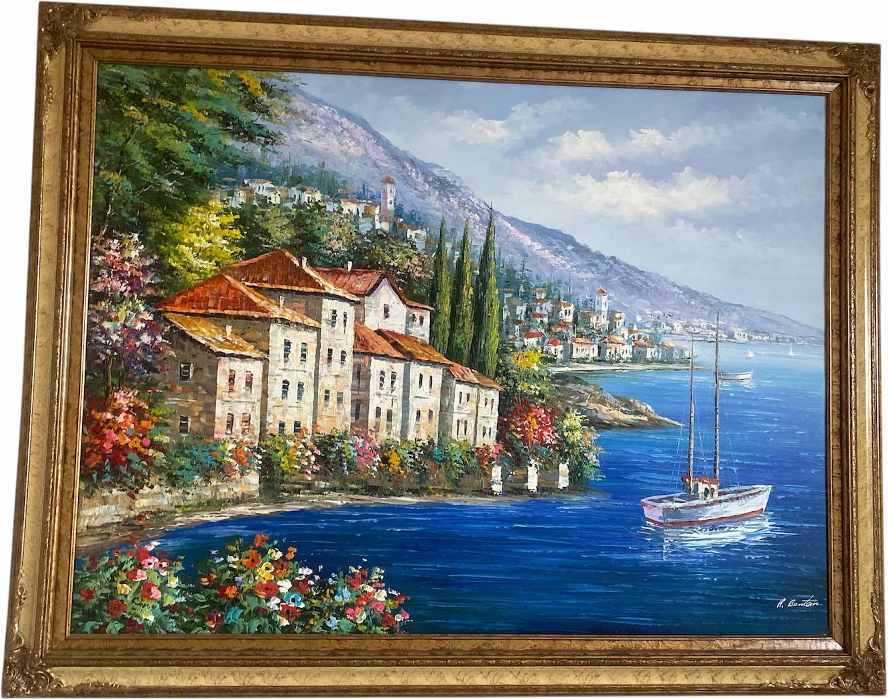 Photo 1 of ORNATE RESIN FRAMED EMBELISHED OIL ON CANVAS PRINT SEASIDE VILLA SIGNED R. BENTON  ARTWORK56“ x 42 1/2“