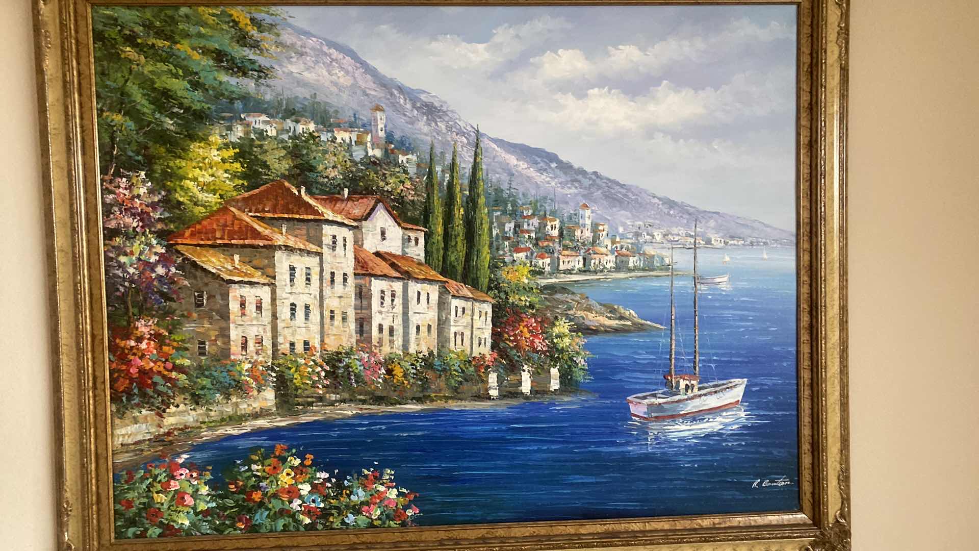 Photo 1 of ORNATE RESIN FRAMED EMBELISHED OIL ON CANVAS PRINT SEASIDE VILLA SIGNED R. BENTON  ARTWORK56“ x 42 1/2“