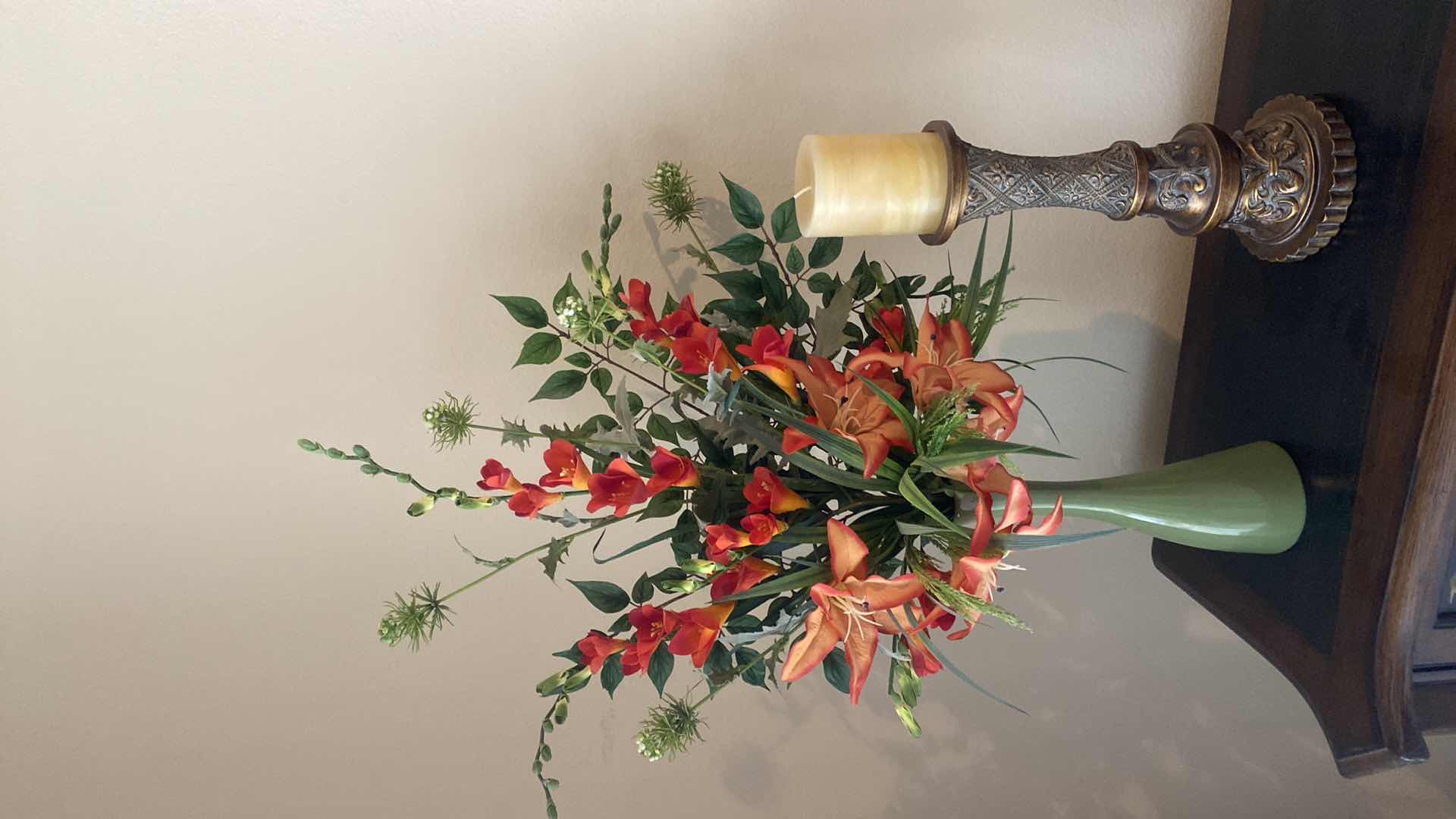 Photo 1 of GREEN CERAMIC VASE WITH FAUX FLORAL & CANDLE HOLDER H11” WITH CANDLE