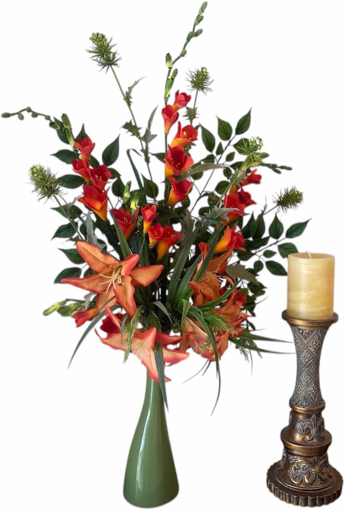 Photo 1 of GREEN CERAMIC VASE WITH FAUX FLORAL & CANDLE HOLDER H11” WITH CANDLE