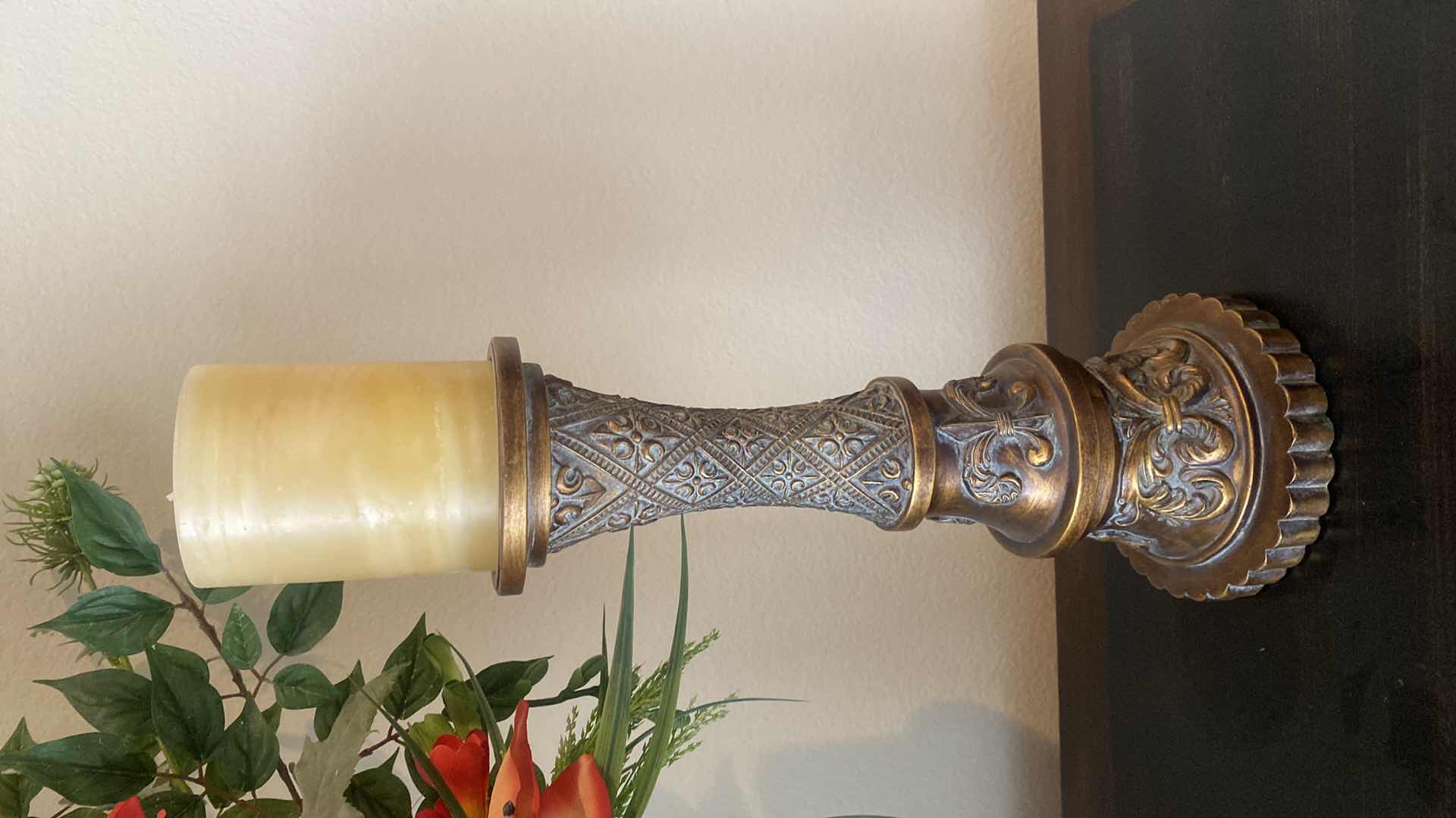 Photo 1 of GREEN CERAMIC VASE WITH FAUX FLORAL & CANDLE HOLDER H11” WITH CANDLE