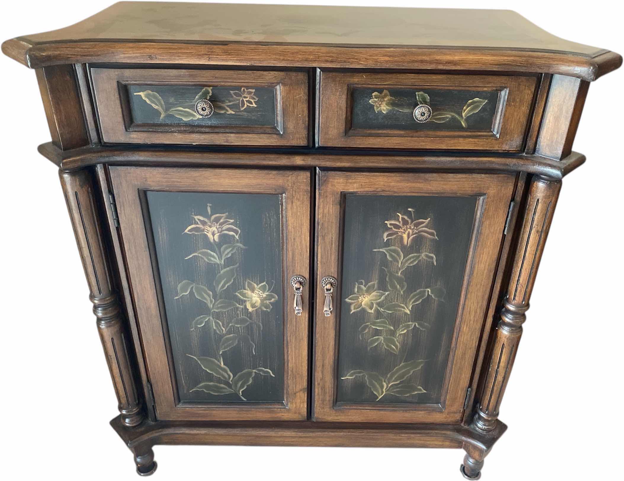Photo 1 of HEAVY HAND PAINTED WOOD BUFFET CABINET WITH FLORAL MOTIF 30” x 13 1/2” H32”