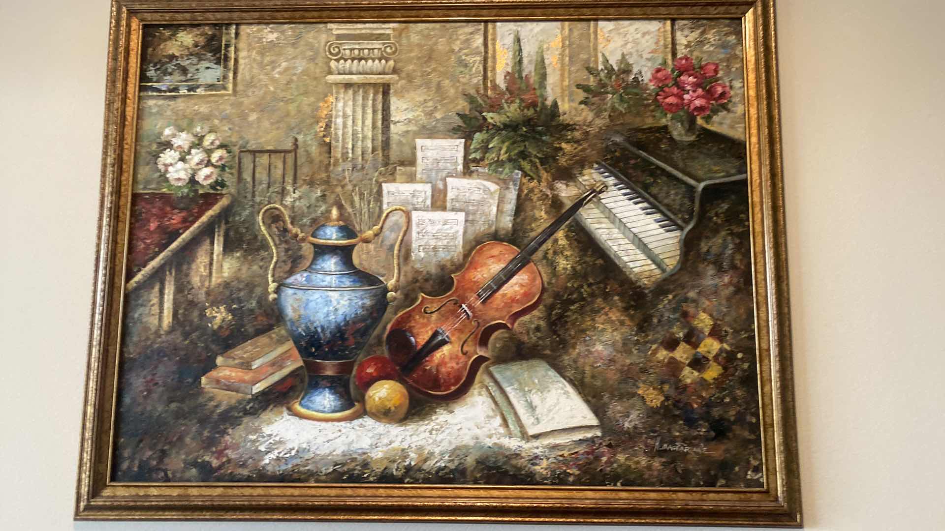 Photo 1 of ORNATE RESIN FRAMED EMBELISHED OIL ON CANVAS MUSICAL INSTRUMENTS PRINT SIGNED ARTWORK 53“ x 41“