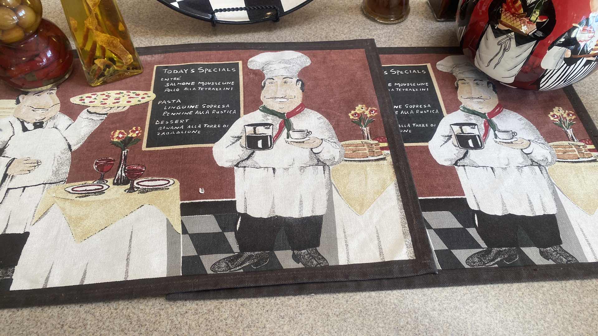 Photo 1 of CERTIFIED INTERNATIONAL “DINNER IS SERVED" BOWL & PITCHER WITH 2 PLACEMATS & 5 BOTTLES VINEGAR HERBS