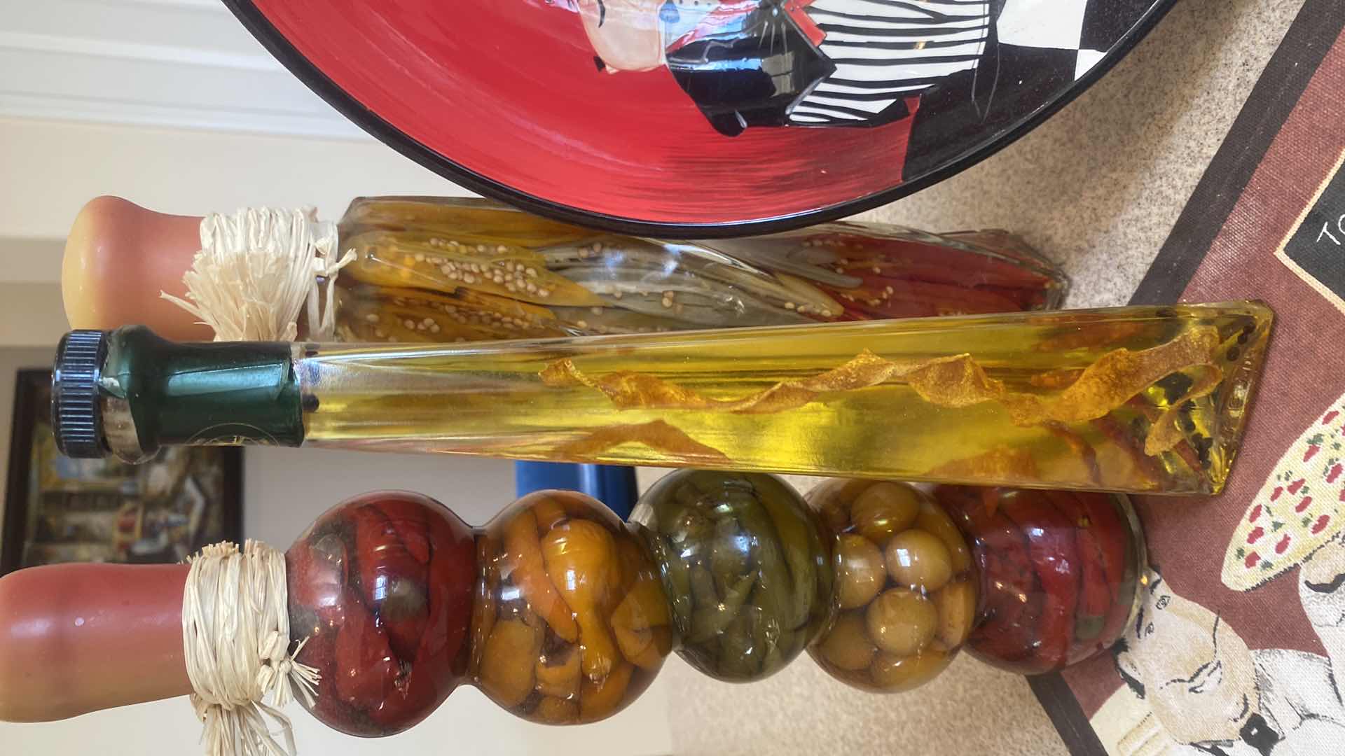 Photo 1 of CERTIFIED INTERNATIONAL “DINNER IS SERVED" BOWL & PITCHER WITH 2 PLACEMATS & 5 BOTTLES VINEGAR HERBS