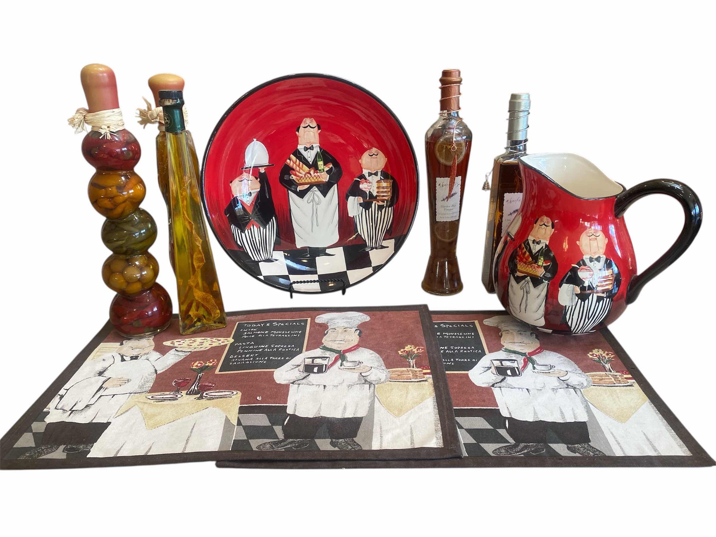 Photo 1 of CERTIFIED INTERNATIONAL “DINNER IS SERVED" BOWL & PITCHER WITH 2 PLACEMATS & 5 BOTTLES VINEGAR HERBS