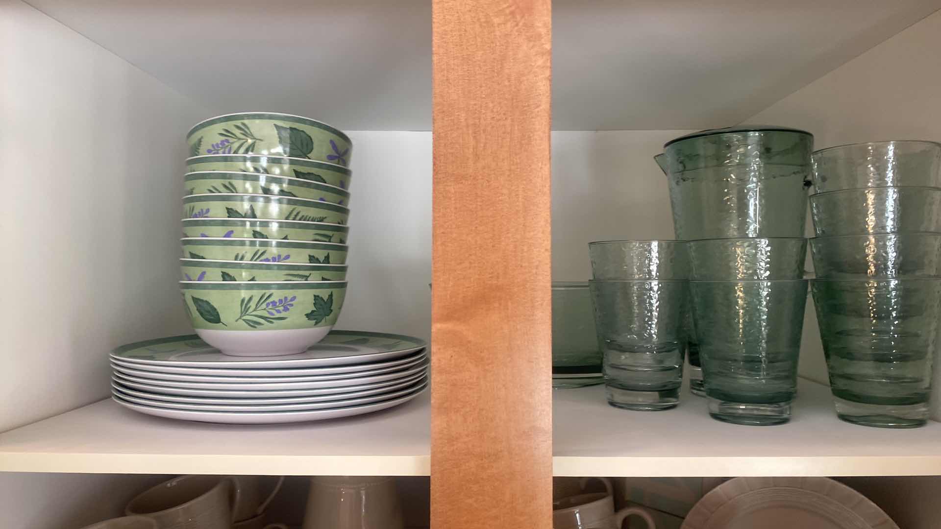 Photo 1 of CONTENTS OF CABINET - 16 PRESIDIO MELAMINE BOWLS & PLATES, 11 PIECE PLASTIC PITCHER BOWL & GLASSES