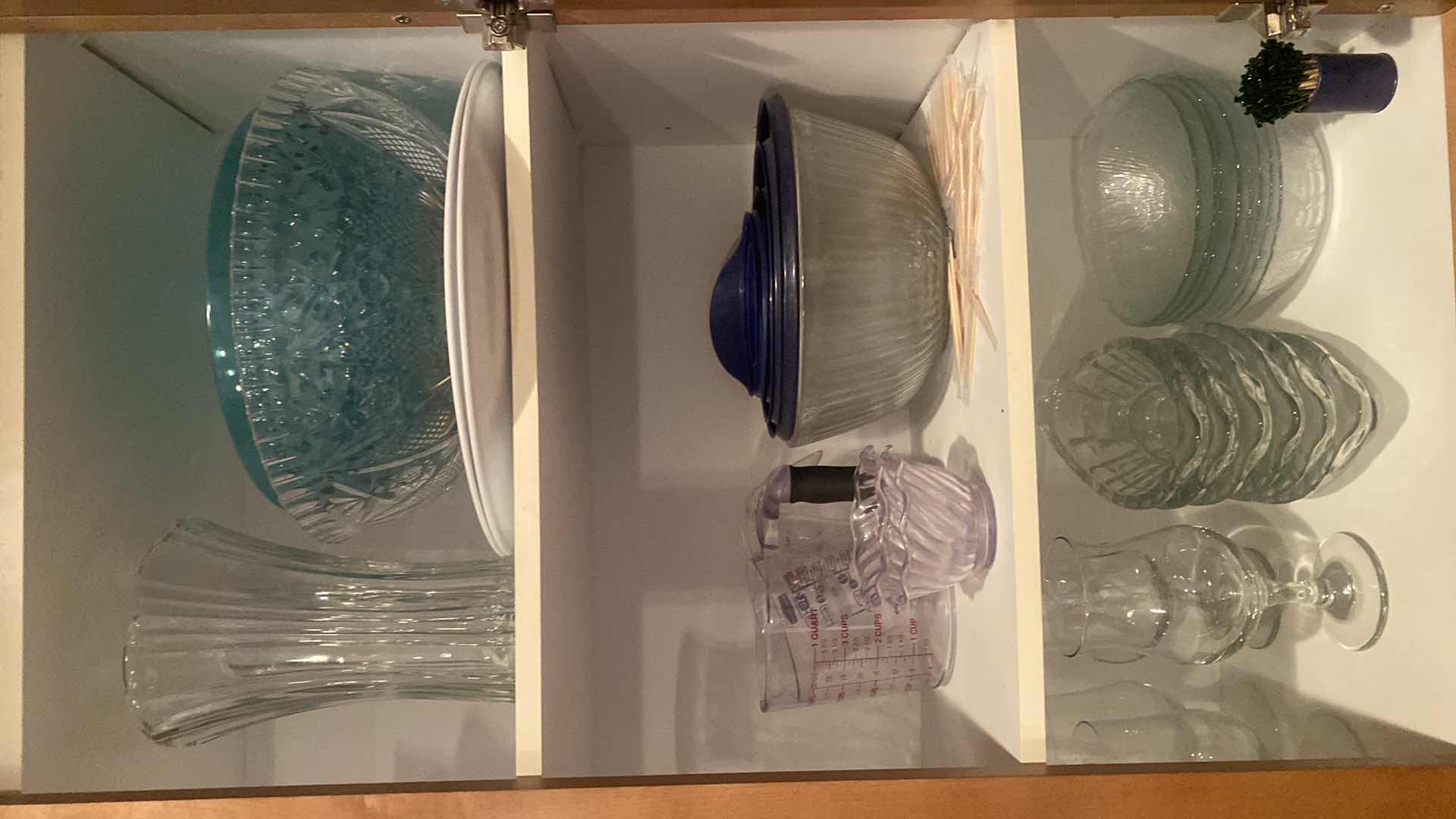 Photo 1 of CONTENTS OF CABINET - PLASTIC BOWLS, GLASS VASES, GLASSES, GLASS SUNDAE DISHES & SALAD BOWLS
