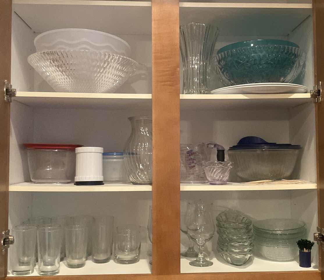 Photo 1 of CONTENTS OF CABINET - PLASTIC BOWLS, GLASS VASES, GLASSES, GLASS SUNDAE DISHES & SALAD BOWLS