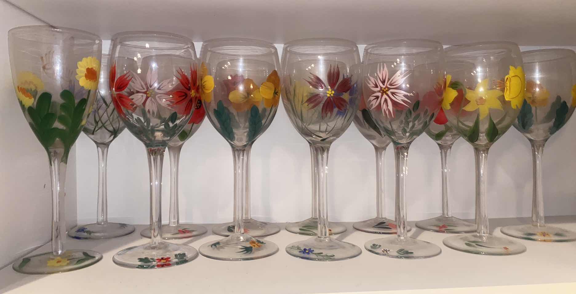 Photo 1 of CONTENTS OF CABINET - 1 SHELF 13 HAND PAINTED RED WINE GLASSES