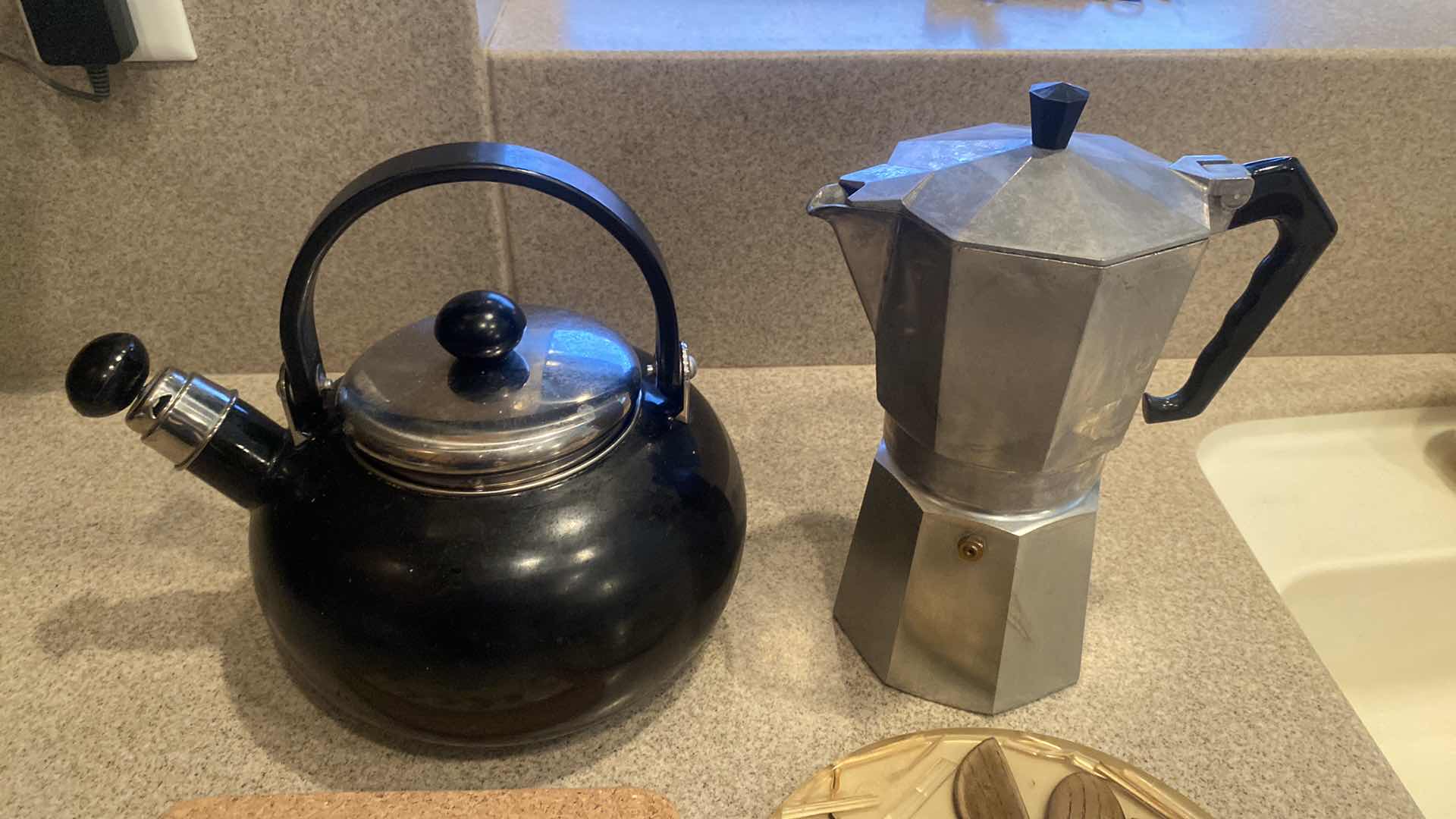 Photo 1 of TEA KETTLE, MOLA POT COFFEE MAKER & 2 TRIVETS