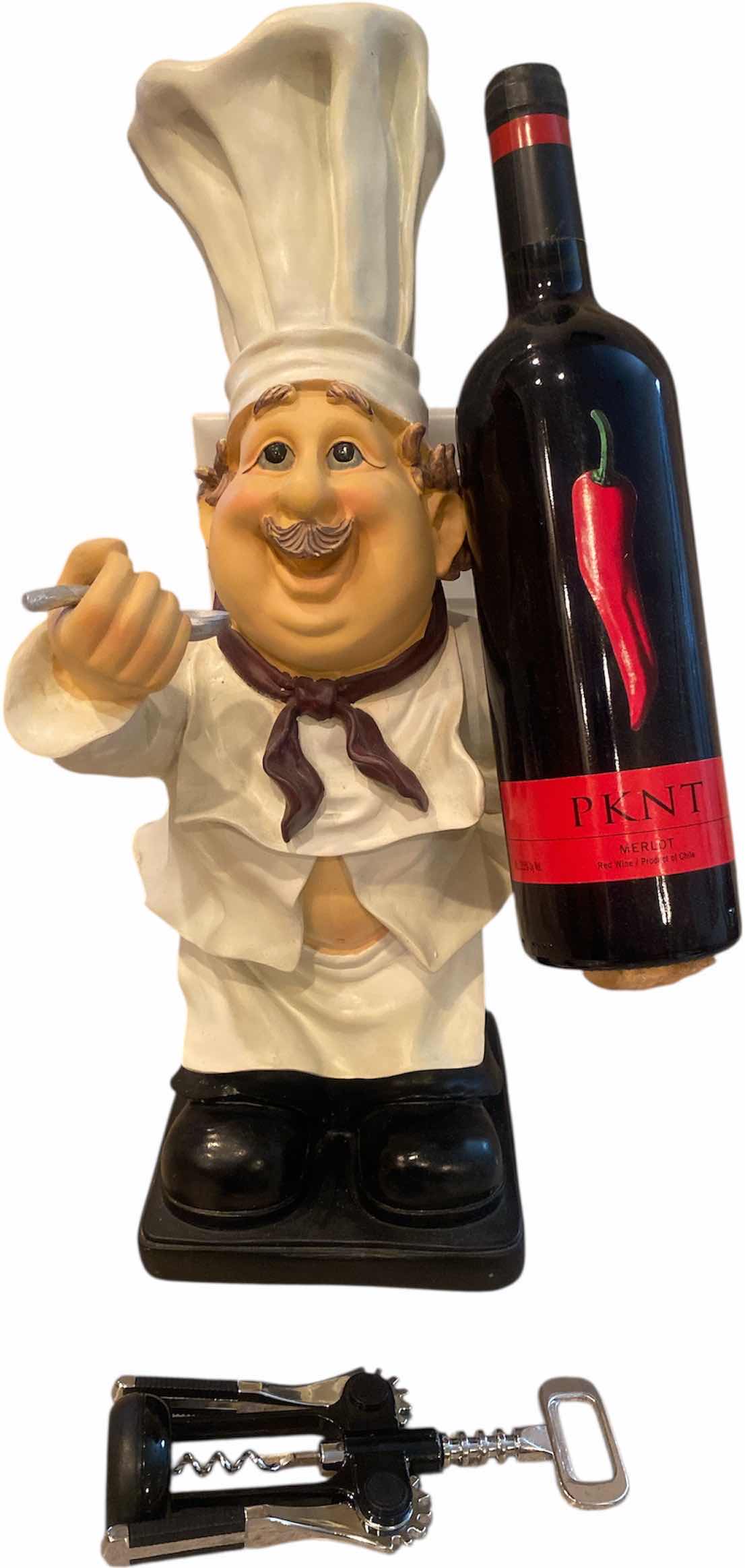 View 1 of RESIN CAST CHEF WINE HOLDER WITH WINE OPENER (wine not included) H18”