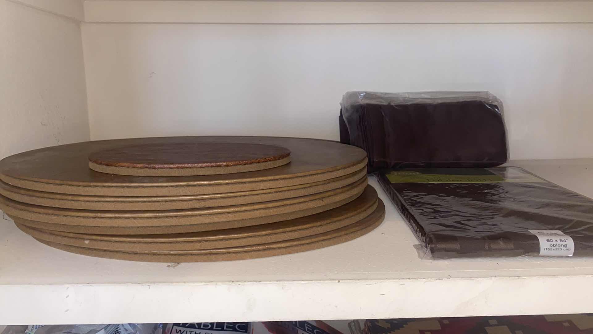 Photo 1 of CONTENTS OF CLOSET - KITCHEN PAPER BOWLS, PLASTIC STORAGE, NAPKINS TABLECLOTHS & METAL FRUIT BOWL & NAPKIN HOLDERS