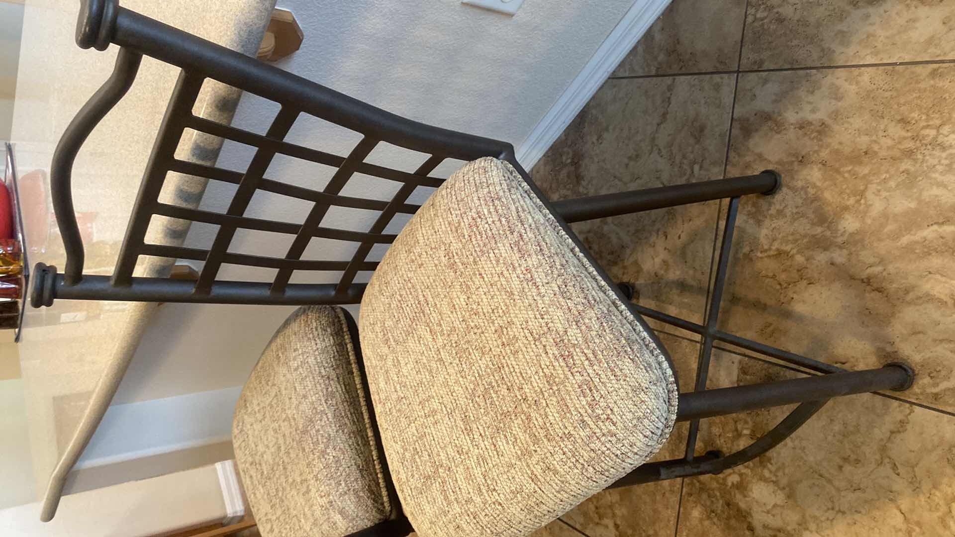 Photo 1 of PAIR OF HEAVY IRON & BEIGE UPHOLSTERED COUNTER HEIGHT BAR STOOLS - SEAT HEIGHT H26 1/2”