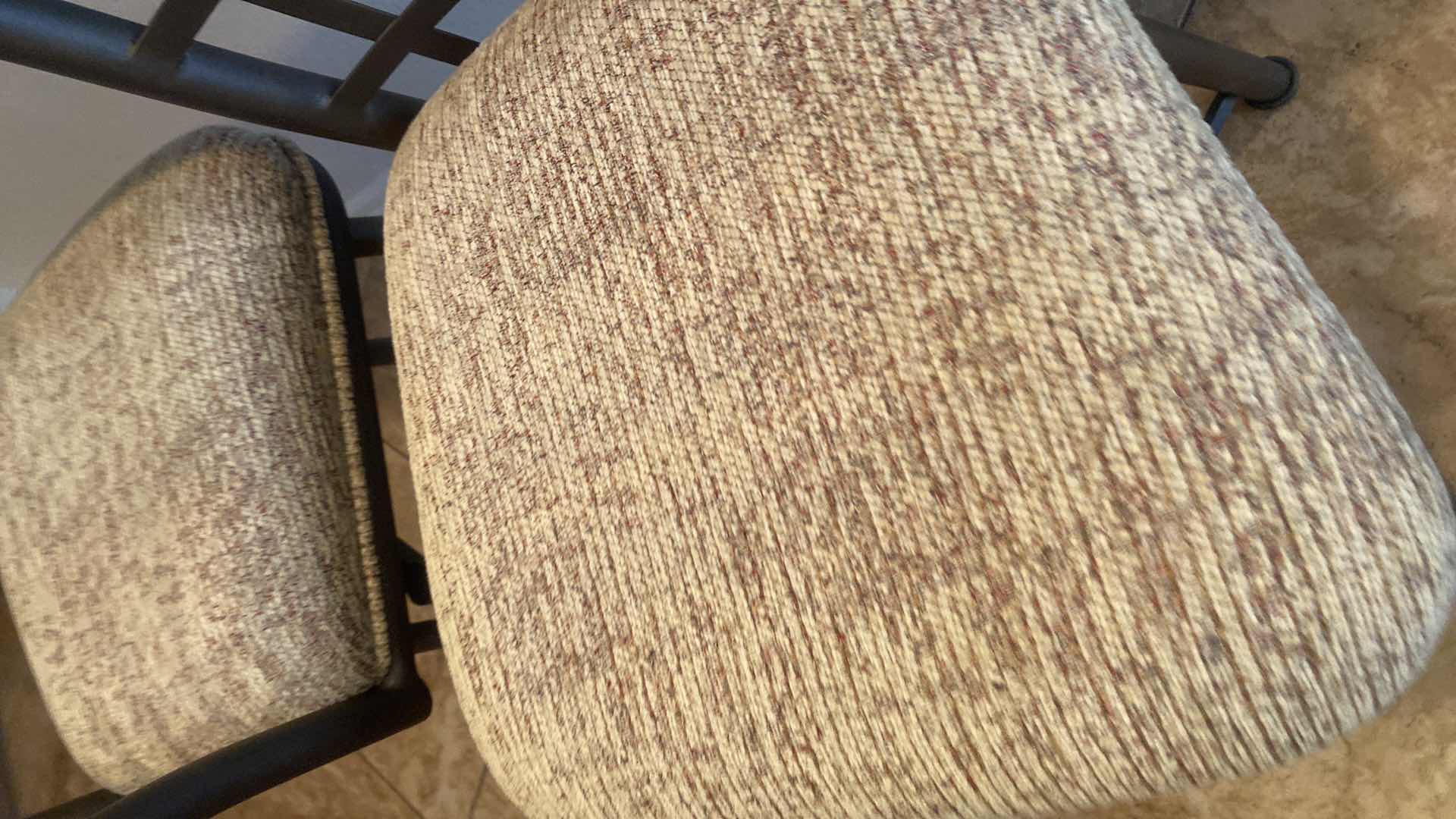 Photo 1 of PAIR OF HEAVY IRON & BEIGE UPHOLSTERED COUNTER HEIGHT BAR STOOLS - SEAT HEIGHT H26 1/2”