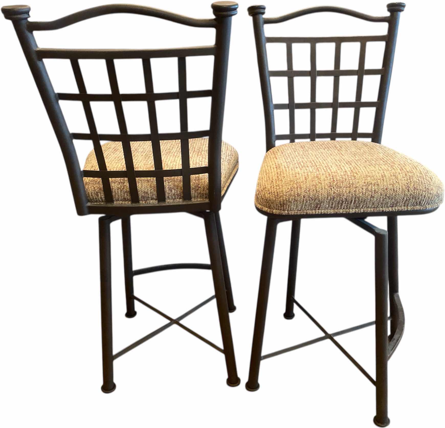 Photo 1 of PAIR OF HEAVY IRON & BEIGE UPHOLSTERED COUNTER HEIGHT BAR STOOLS - SEAT HEIGHT H26 1/2”