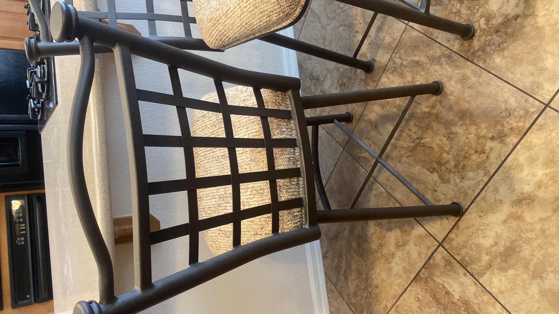 Photo 1 of PAIR OF HEAVY IRON & BEIGE UPHOLSTERED COUNTER HEIGHT BAR STOOLS - SEAT HEIGHT H26 1/2”