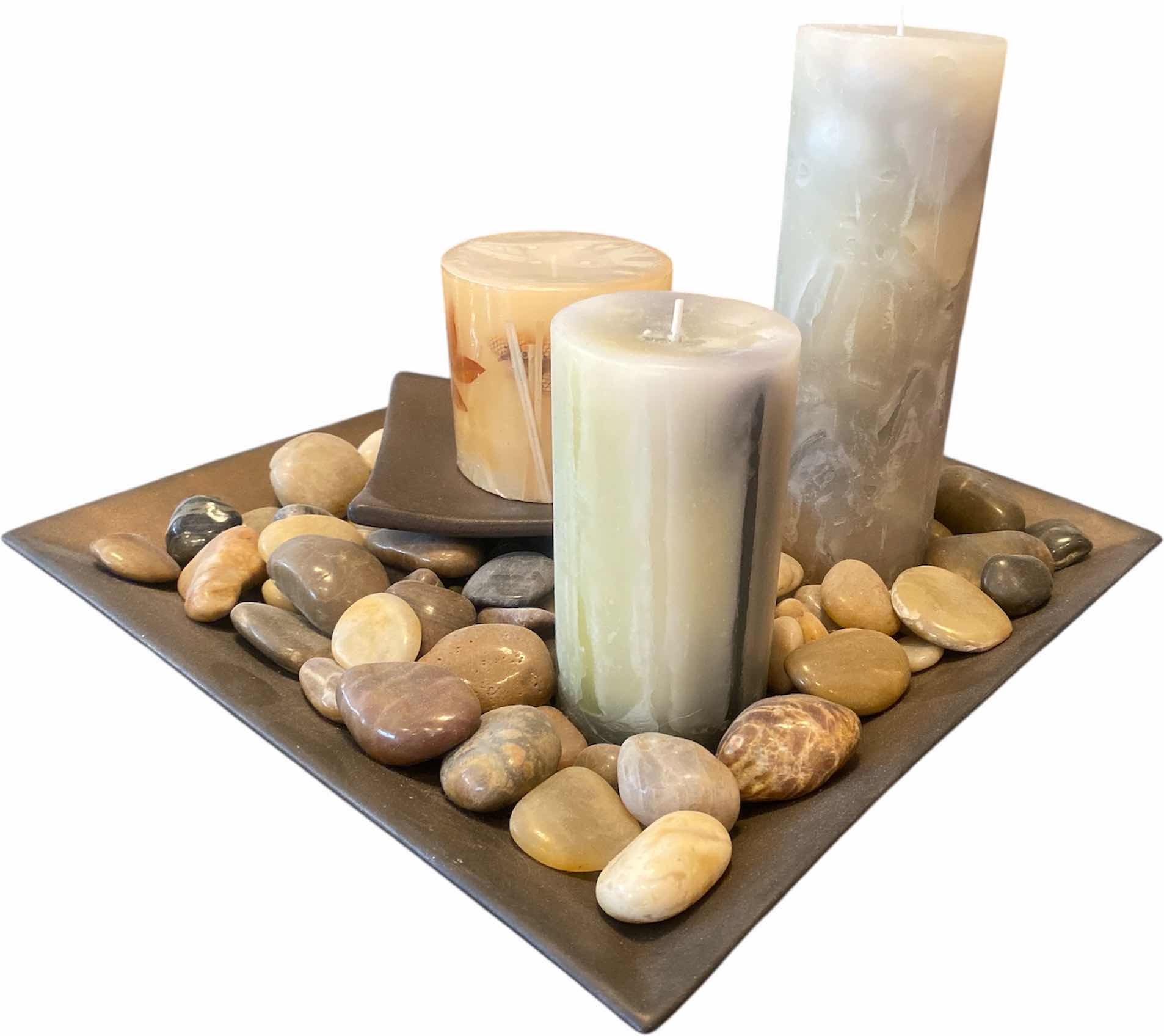 Photo 1 of HOME DECOR - TRAY WITH CANDLES & POLISHED ROCKS 13 1/2” x 13 1/2”